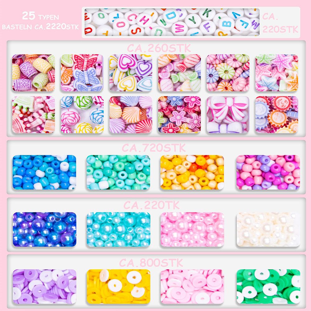 CLTYQ Ketten und Armband Set Perlen-Set zum Armbänder Selbermachen, bunte Perlen zum Auffädeln, Bastelset für Kinder ab 6 Jahren,Basteln, Schmuckherstellung