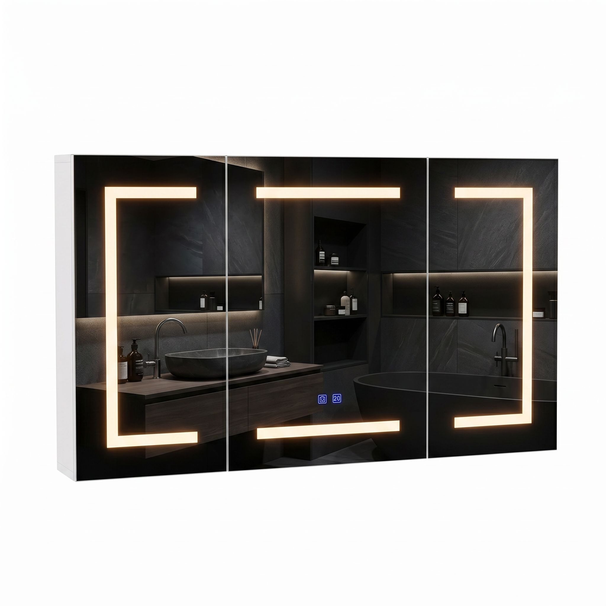 Gdood Badezimmerspiegelschrank Spiegelschrank Doppeltür Hängeschrank mit LED (1-St., Einstellung der warmen und kalten Farbtemperatur 3000/4500/6400K) inkl. Steckdosen, LED-Beleuchtung, Touchschalter, Antibeschlagfunktion