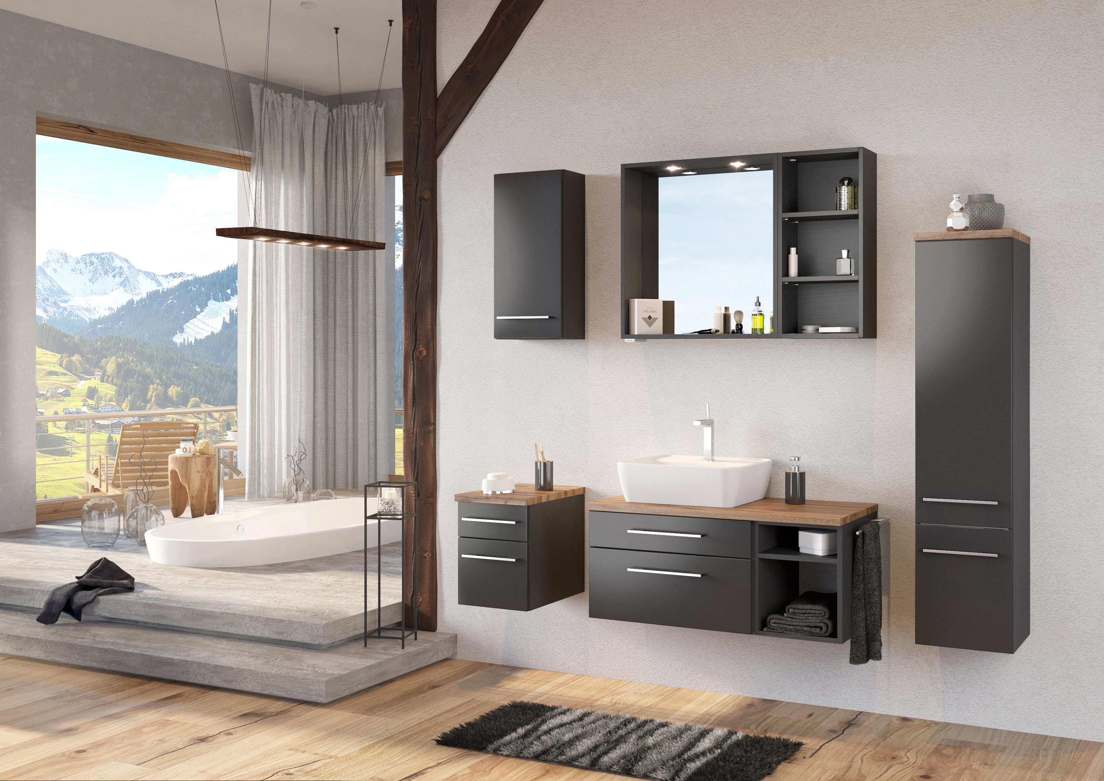 HELD MÖBEL Badmöbel-Set Waschtisch-Set Davos 90 cm -A- (links) graphit/matt grau