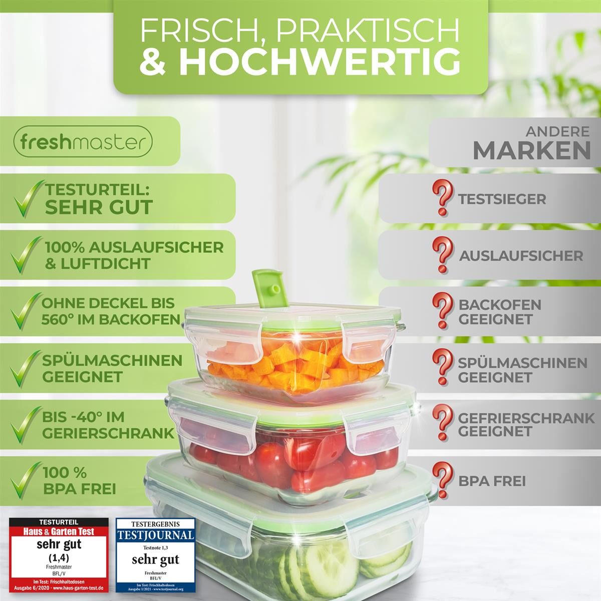 Fresh Master Frischhaltedose Vorratsdosen mit Deckel auslaufsicher Glas 12/16/18 tlg, Borosilikatglas, (Spar-Set, 12-tlg), 100% auslaufsichere + luftdichte Vorratsdosen mit Deckel