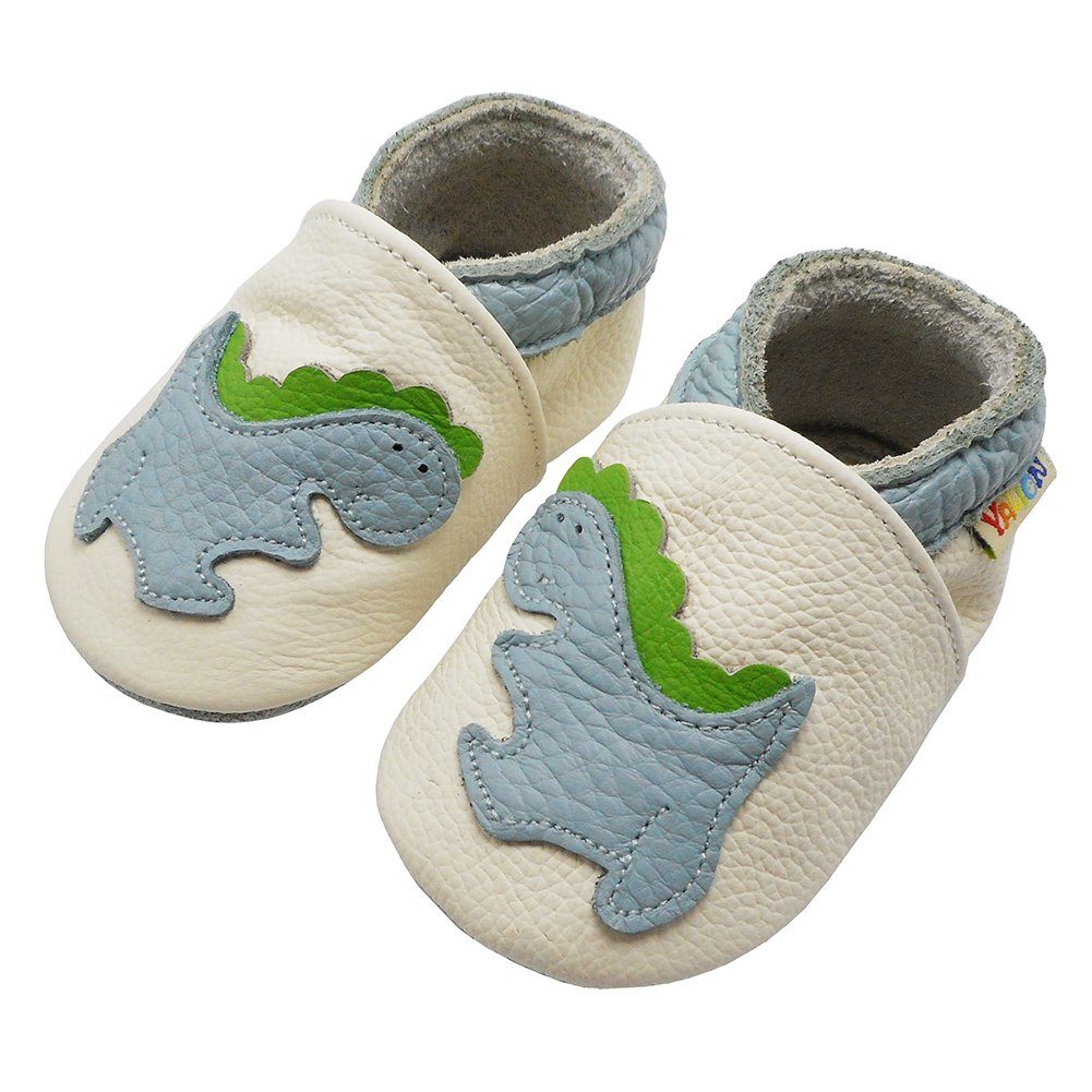 Yalion Yalion Weiche Leder Lauflernschuhe Hausschuhe Lederpuschen Dino Weiß Krabbelschuh