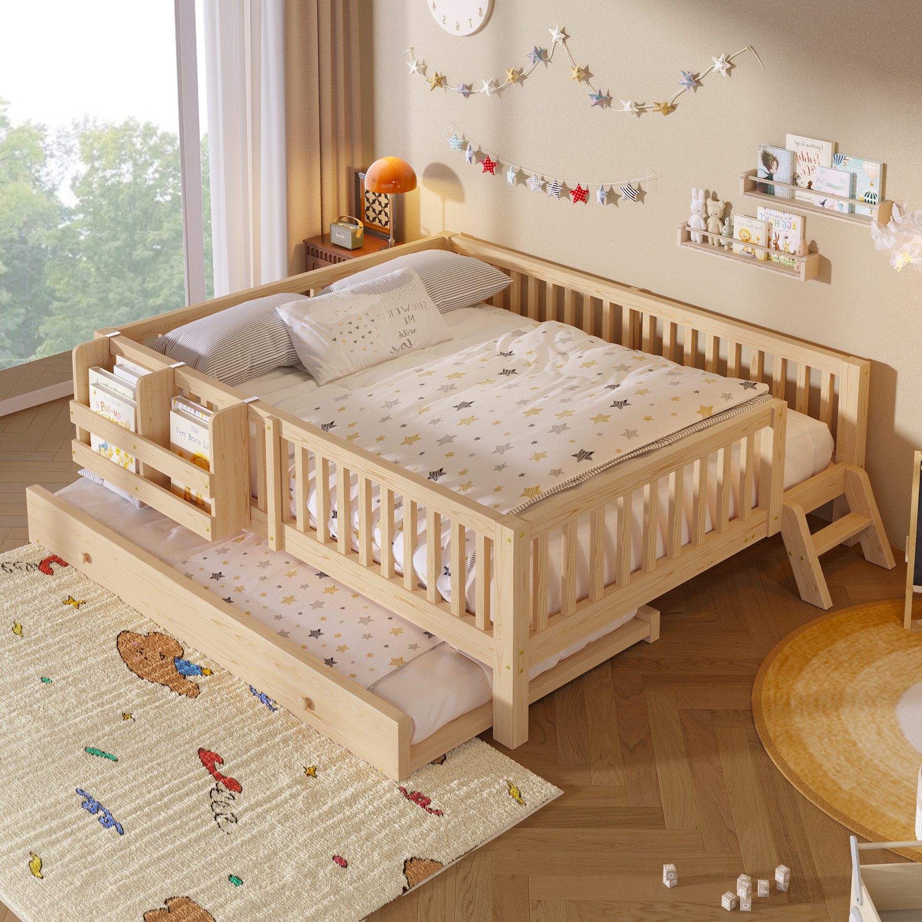 Merax Kinderbett mit Ausziehbett, Rausfallschutz, Ablage & Leiter (skandinavisches Bett mit Gästefunktion, 1-tlg), Plattformbett 140x200cm, Tagesbett Jugendbett aus Massivholz