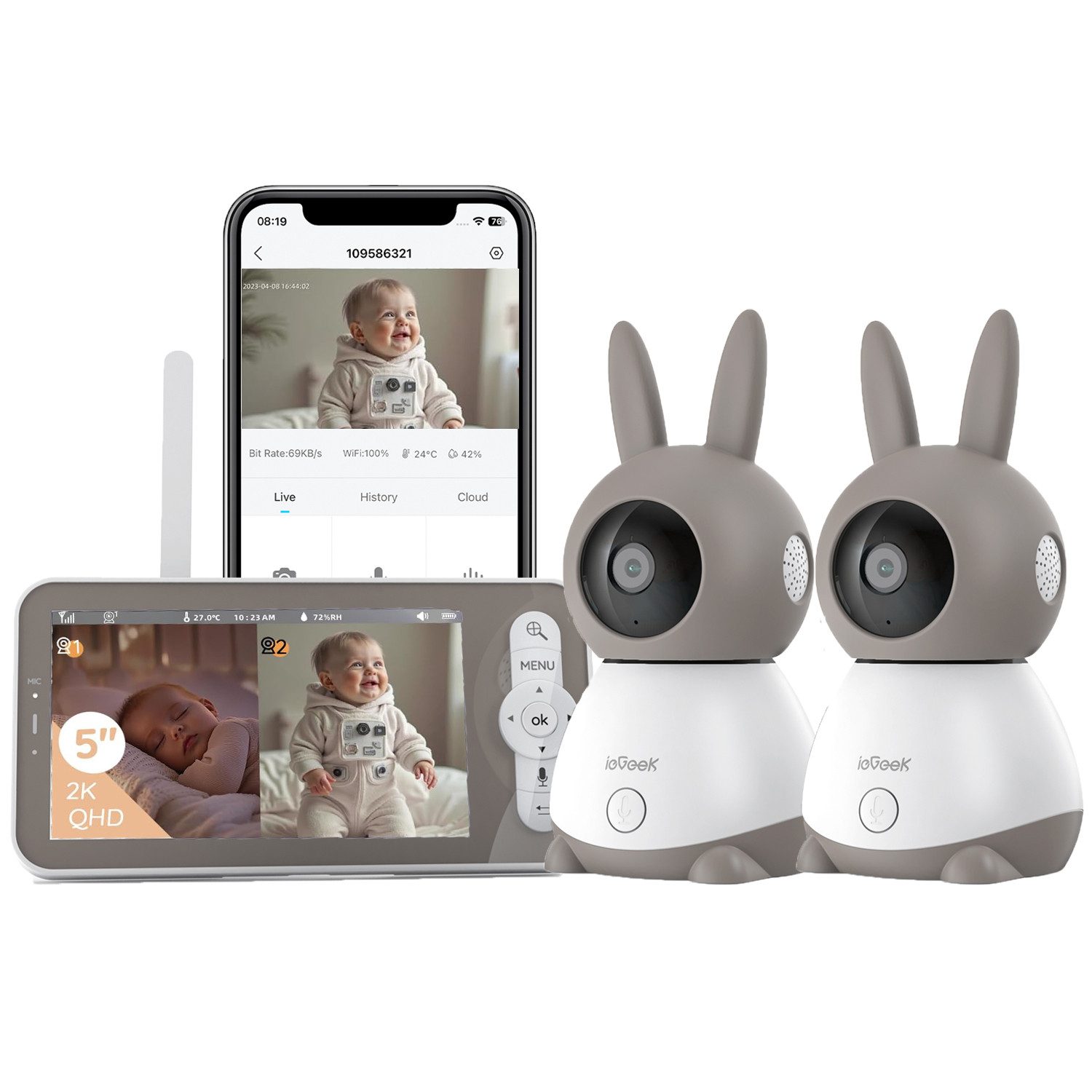 Video-Babyphone Babyphone mit 2 Kameras WLAN 5 Zoll Video Babyphone 2K/3MP PTZ 355°