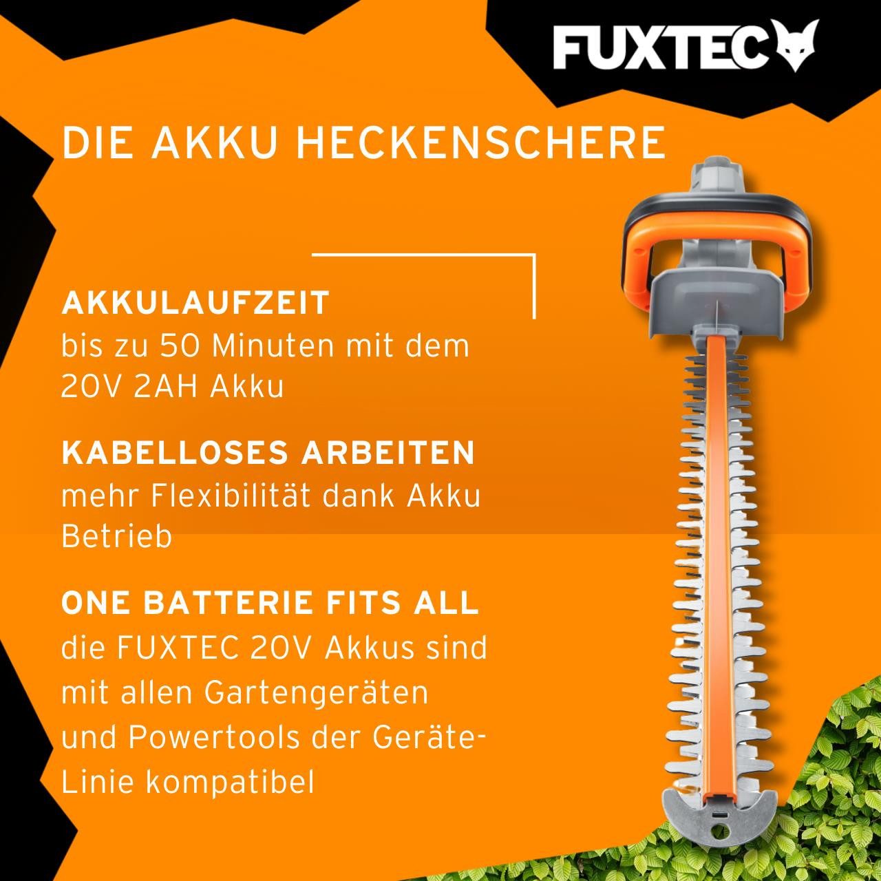 FUXTEC Akku-Heckenschere FX-E1HS20, 2Ah-Akku, 52cm Arbeitsbereich, 20V, bis zu 28mm Astdicke