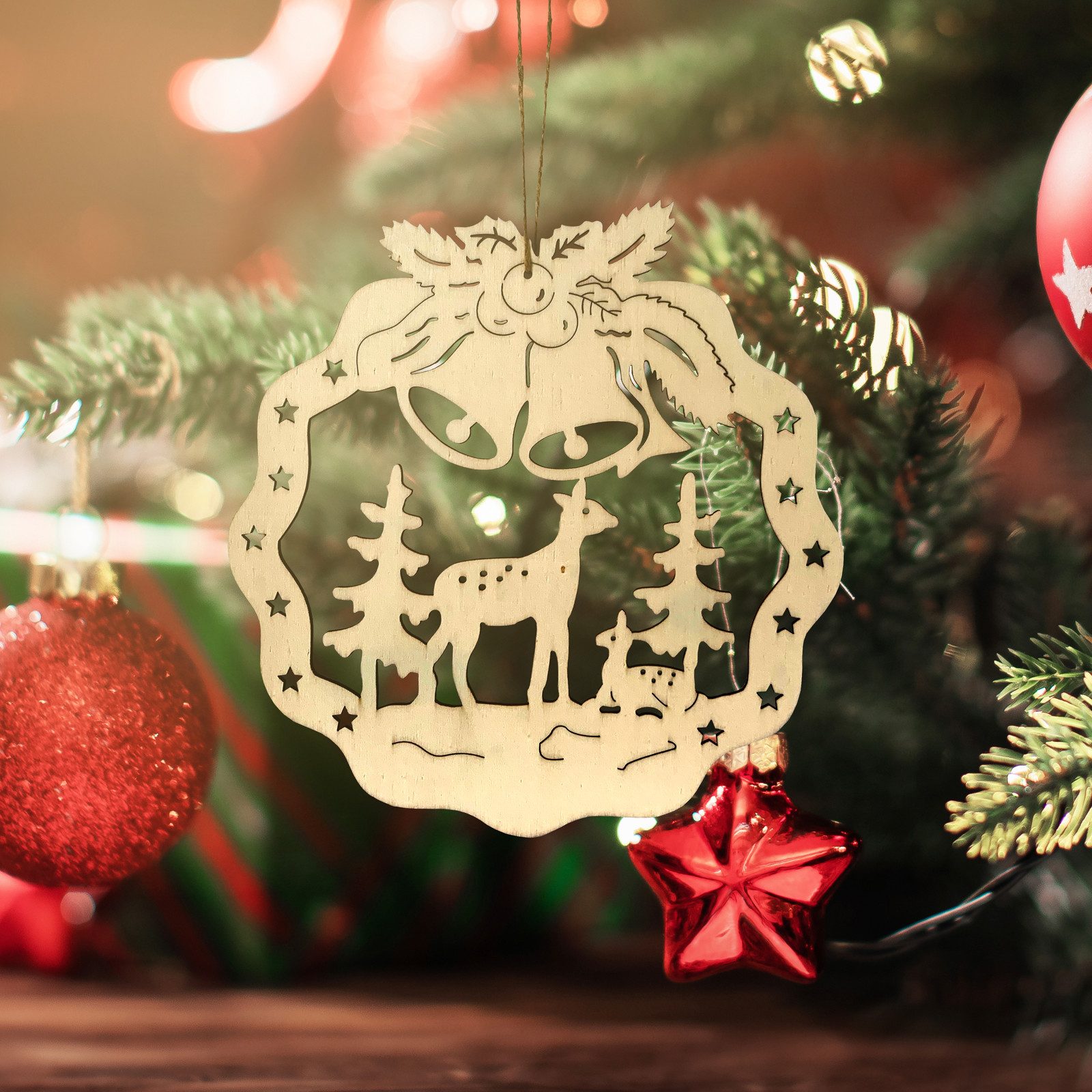 HTI-Living Beleuchtetes Fensterbild Fensterbild Rehe im Wald, Dekohänger Weihnachtsdeko