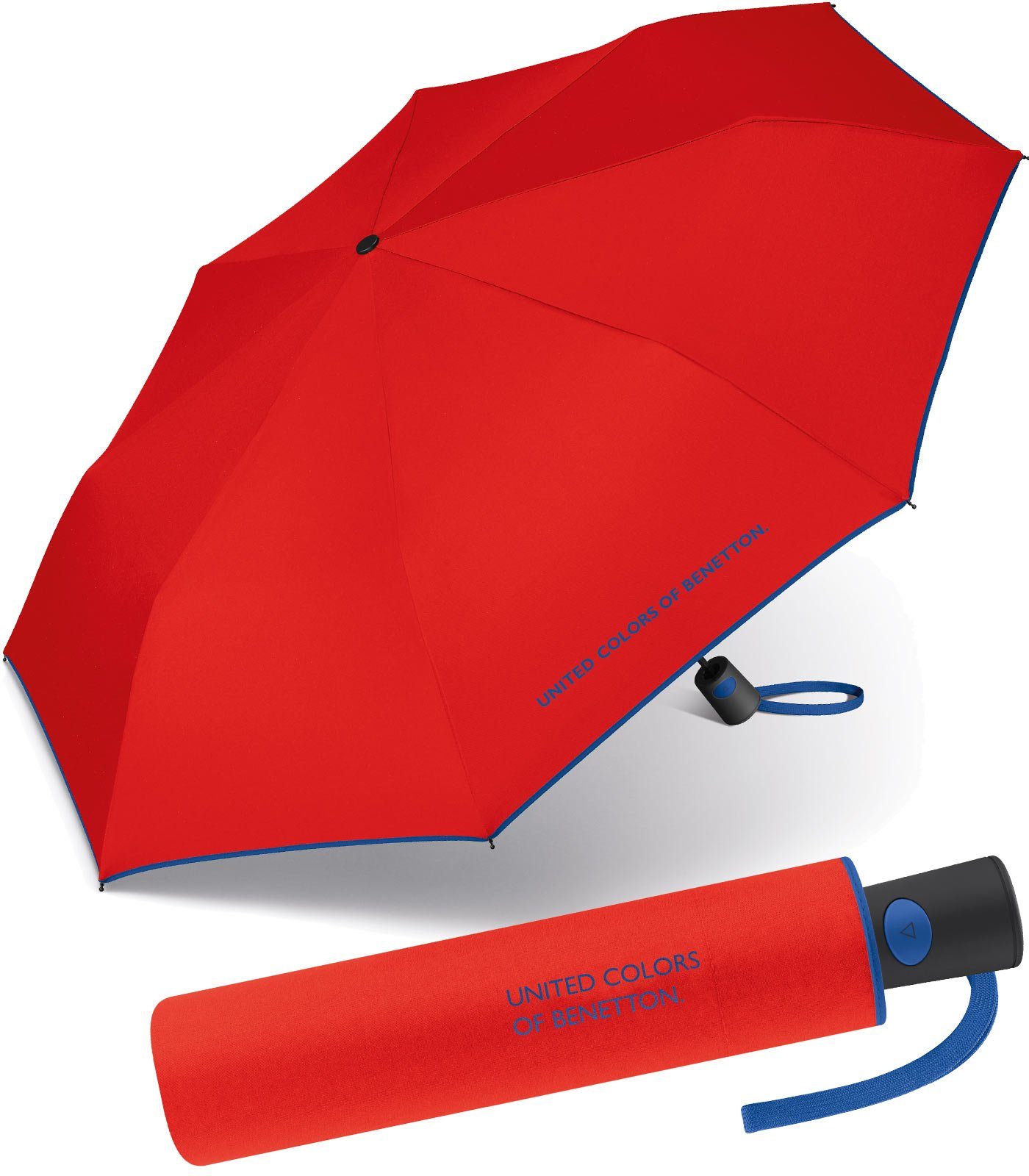 United Colors of Benetton Taschenregenschirm schöner Damen-Regenschirm mit Auf-Automatik, mit Kontrastfarben am Schirmrand - rot-blau