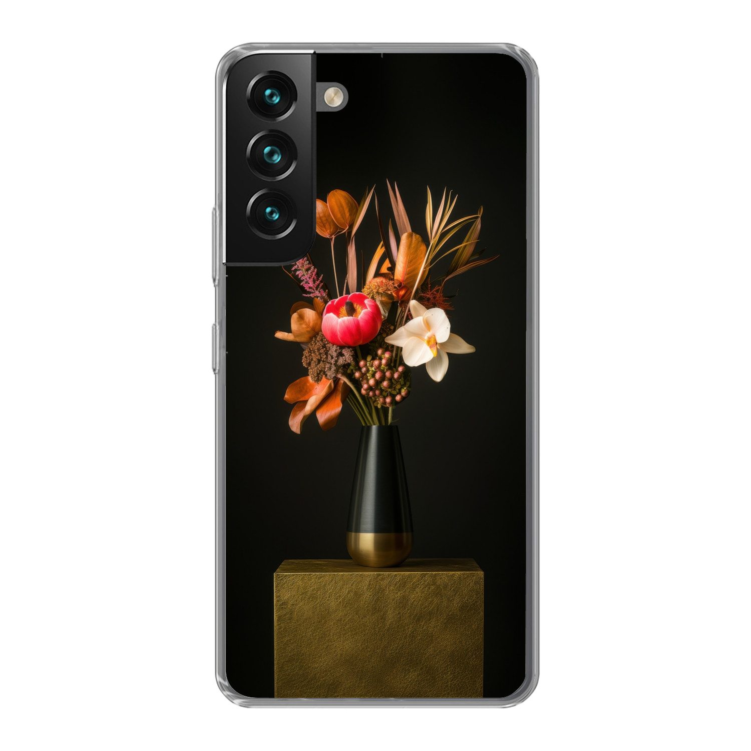 MuchoWow Handyhülle für Samsung Galaxy S22 Blumenstrauß - Orange - Gold - Vase, Phone Case, Silikon, Schutzhülle Dünn