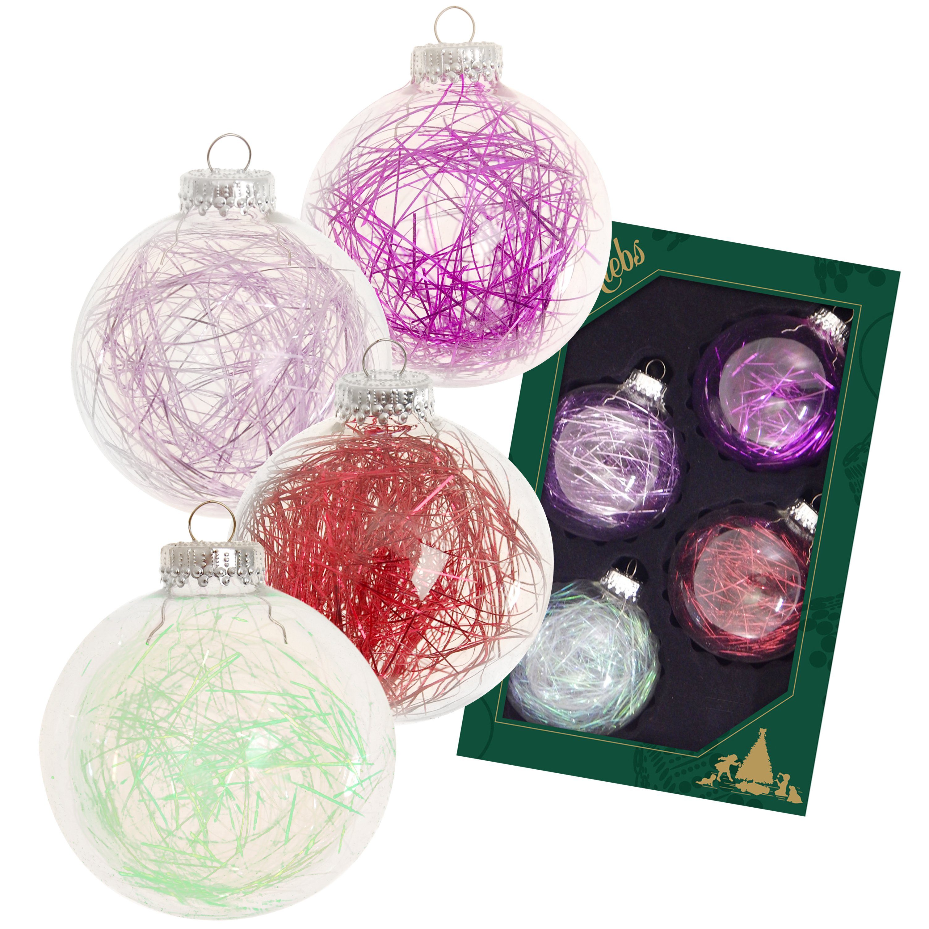 Christbaumschmuck Kristall 7cm Glaskugel mit lila / rotem Tinsel gefüllt