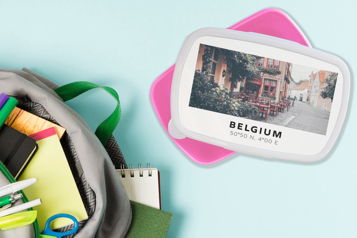rosa - - Kunststoff Belgien MuchoWow (2-tlg), Kinder, Lunchbox Terrasse Kunststoff, Café, Mädchen, Erwachsene, Brotbox Brotdose für Snackbox, Rot -