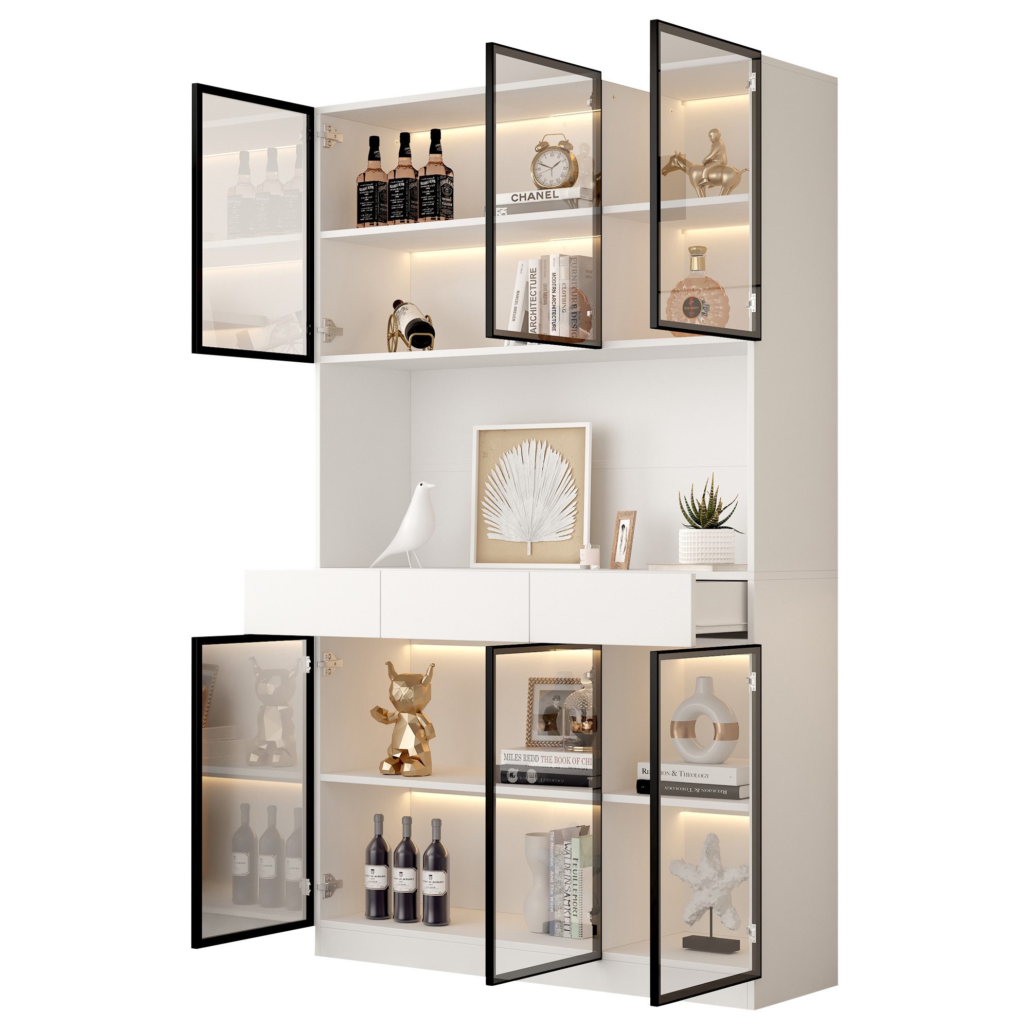 Merax Standvitrine Matt Glasvitrine mit LED-Beleuchtung und Stauraum (30x120x200 cm, 1-St., Standregal Schrank Vitrine) Vitrine mit 6 Türen, 3 Schubladen, schwarzem Rahmen und Glas-Fronten