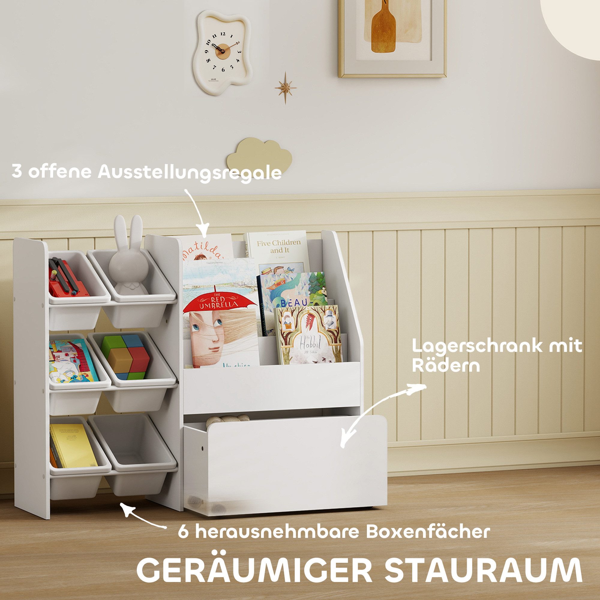 AIYAPLAY Spielzeugtruhe Spielzeugregal, Bücherablagen, rollbare Box, 6 herausnehmbare Boxen (Kinderregal, 1 St., Kinder-Bücherregal), mit Rädern, für Kinderzimm – Bild 5 von 5