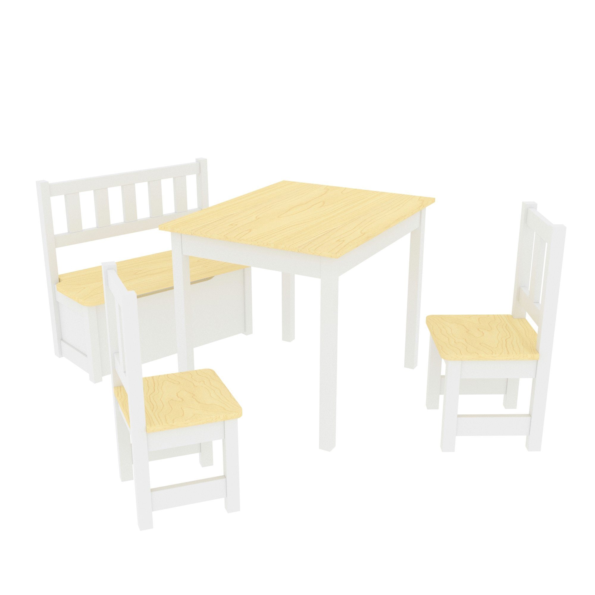 en.casa Kindertisch, »Lousame« Sitzgruppe Stuhl Natur/Weiß Tisch 2x Sitzbank Kiefernholz