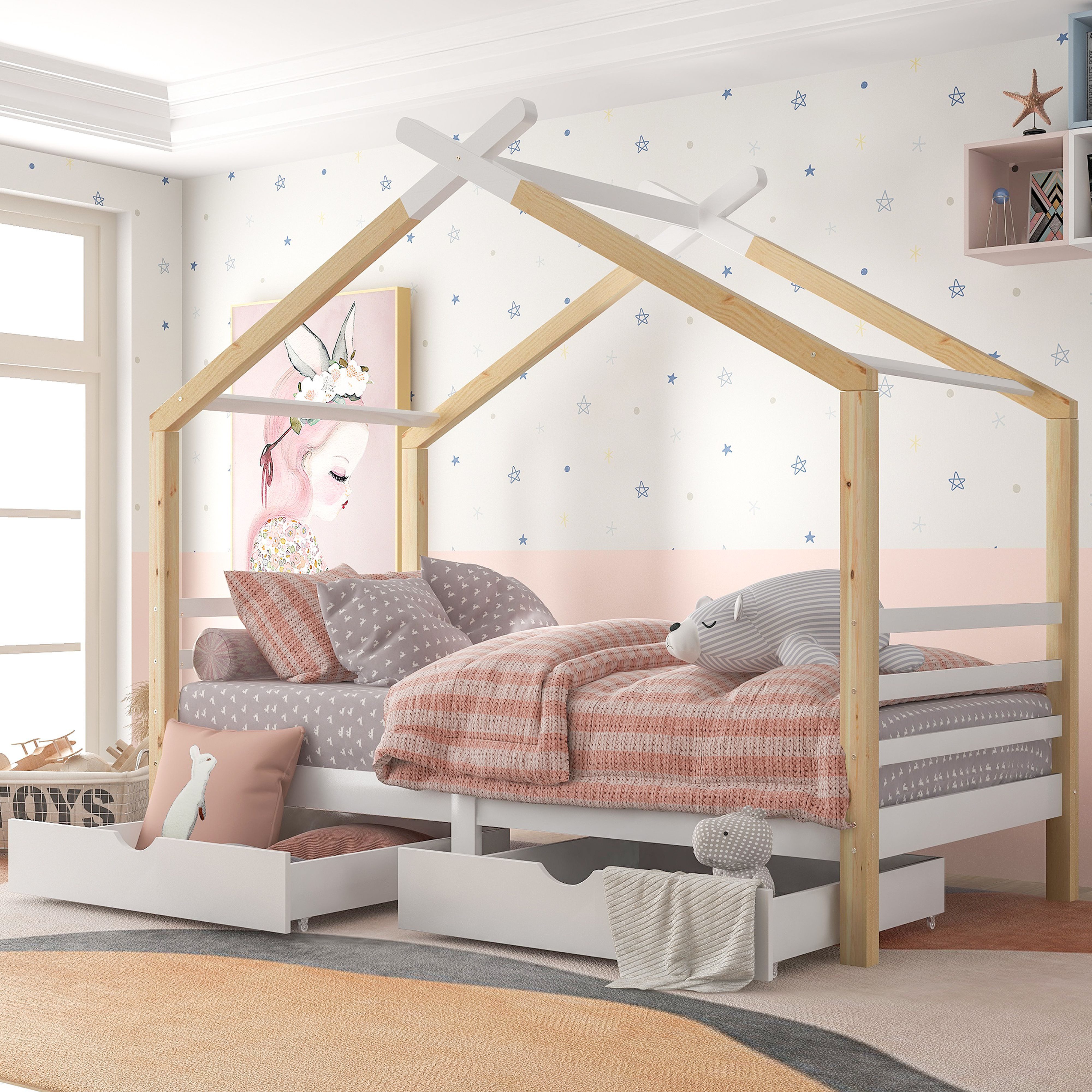 BlingBin Hausbett Kinderbett Einzelbett (Massivholz mit Lattenrost, Kiefernholz Hausbett), mit Schubladen, weiß+holzfarbe, 90x200cm