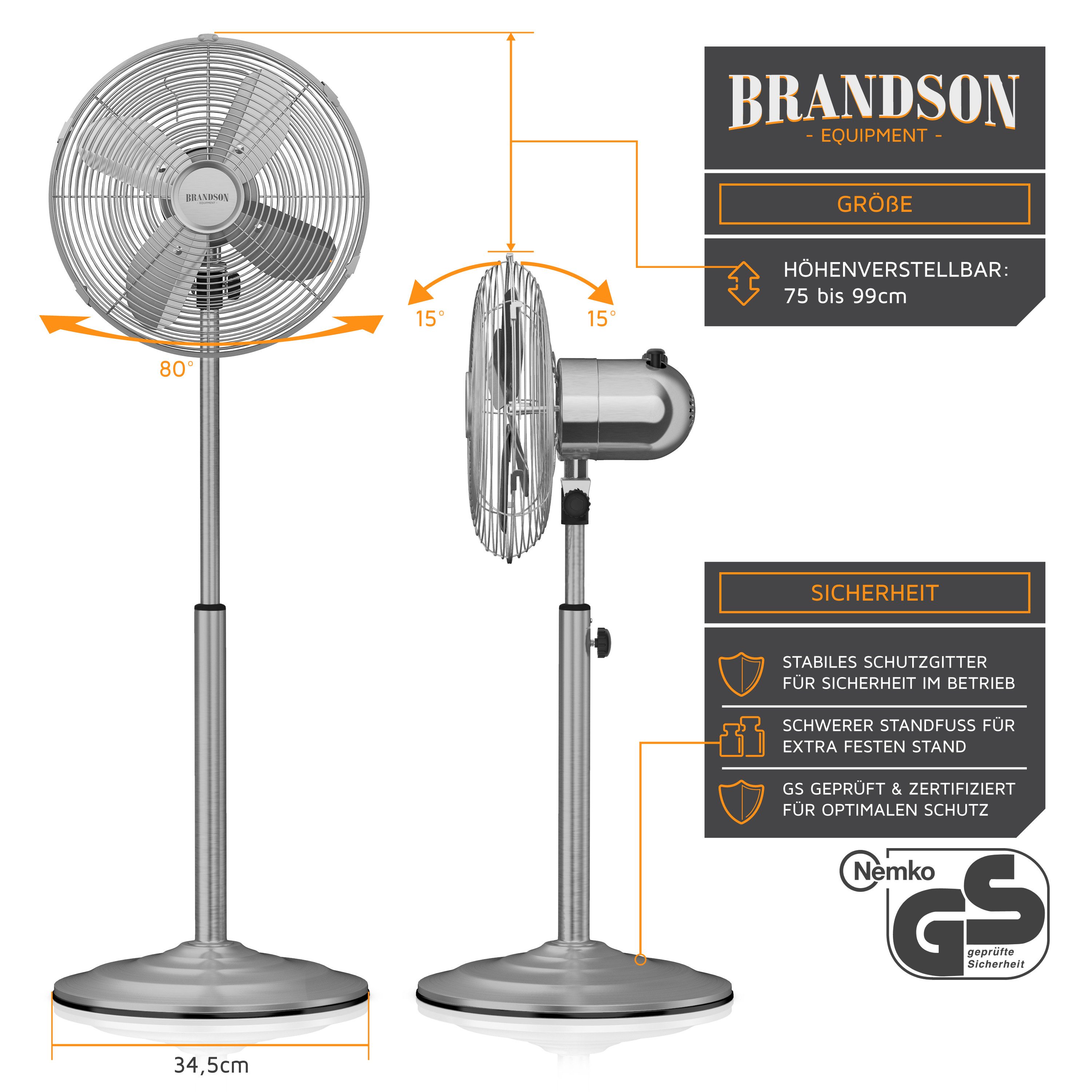 Brandson Standventilator Oszillation 80°, Neigbar 30°, 35W, Standlüfter 30cm, NTV Sieger 2026, 34 cm Durchmesser, mobiler Lüfter, 3 Geschwindigkeitsstufen, GS-Geprüft, Silver Design
