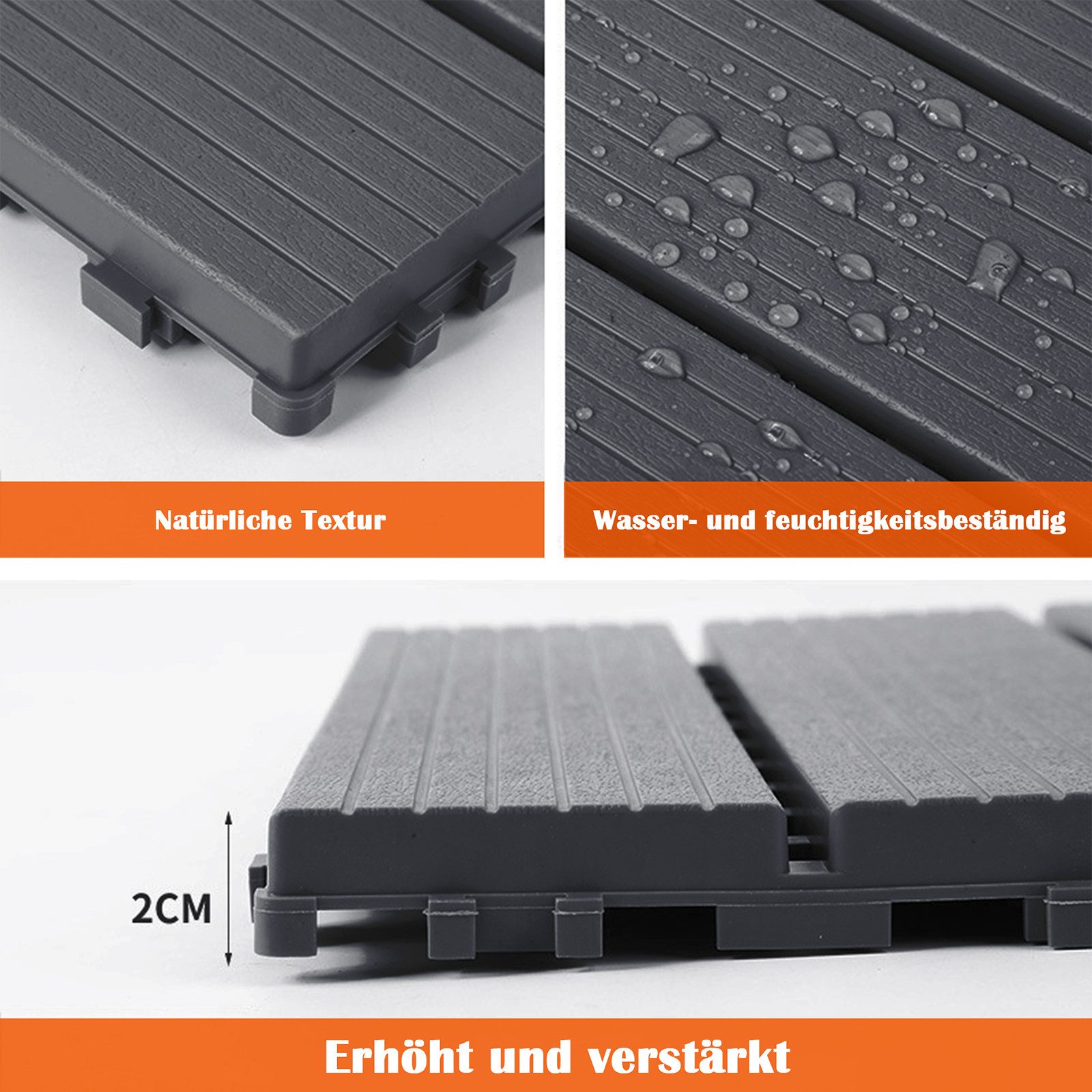 GLIESE Terrassendielen Terrassenfliesen 44er Set mit Klicksystem, 30 x 30 x 2 cm, 3,96 m², BxL: je 30x30 cm, 20 mm Stärke, (Set, 44-St., Dunkelgrau), für Garten – Bild 3 von 5