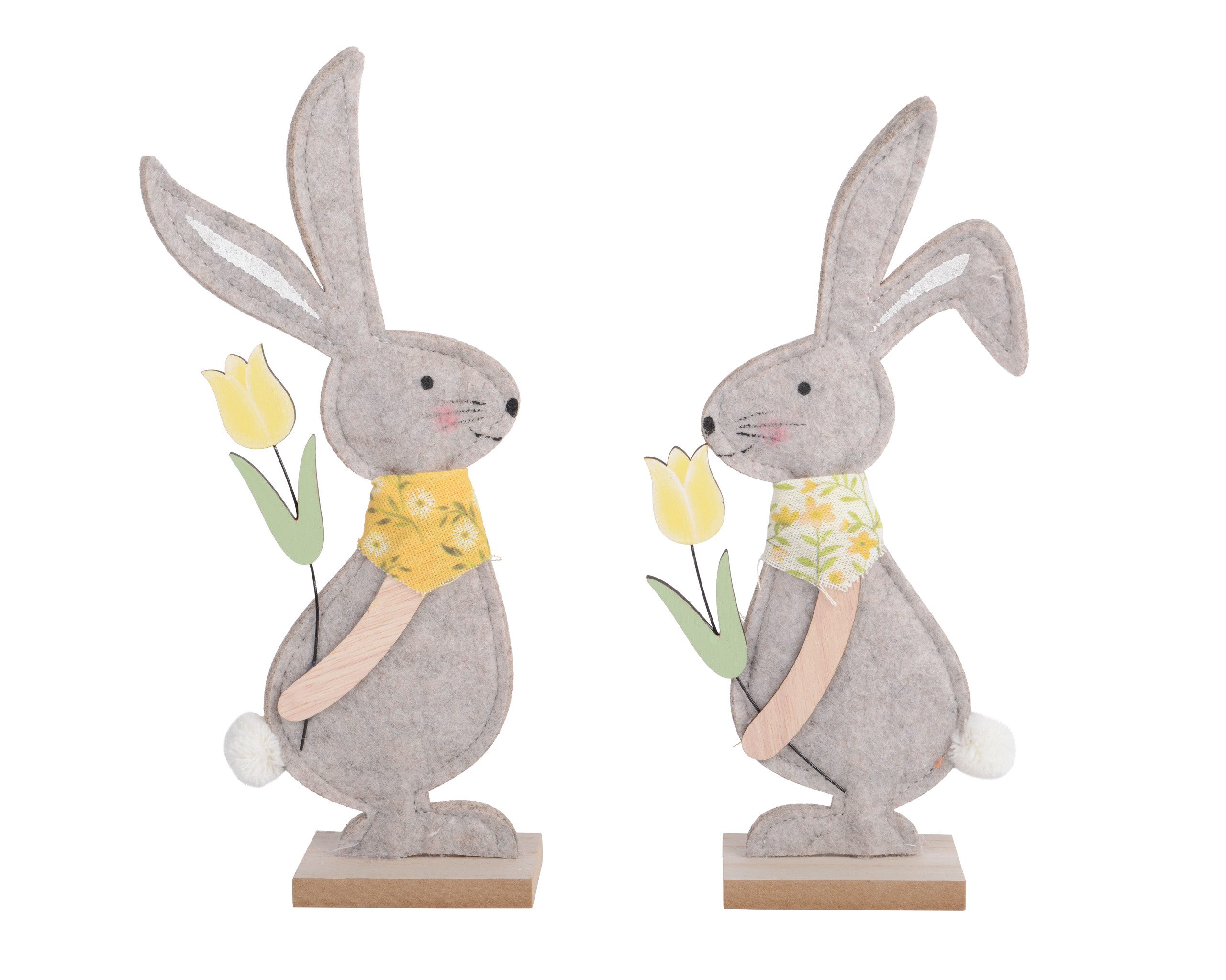 Decoris season decorations Osterhase, Dekofigur Hase mit Tulpe 24cm Filz 1 Stück sortiert Grau / Gelb