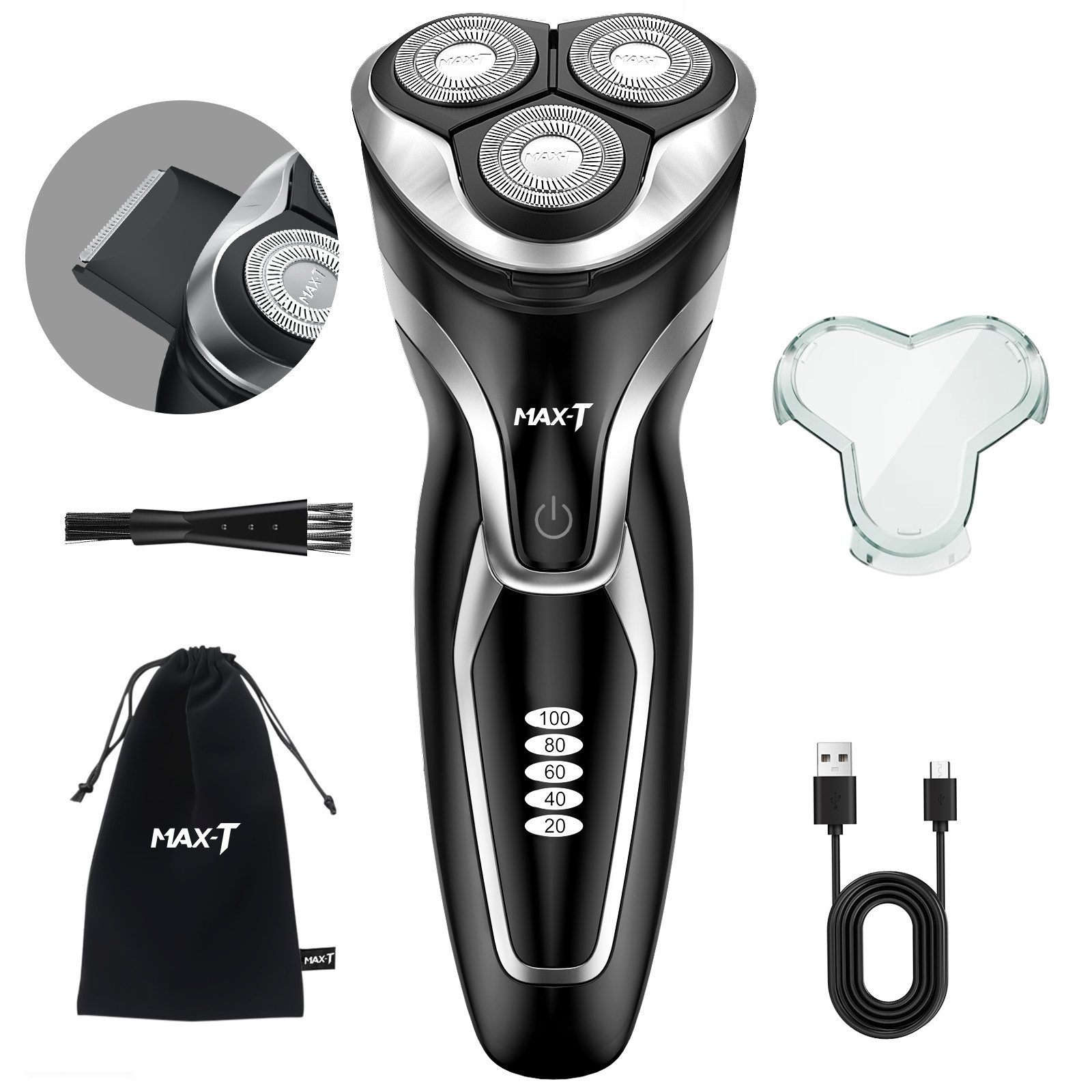 MAX-T Elektrorasierer Elektrischer Rasierer Wet & Dry, mit LED-Reisesicherung, mit ausklappbarem Präzisionstrimmer