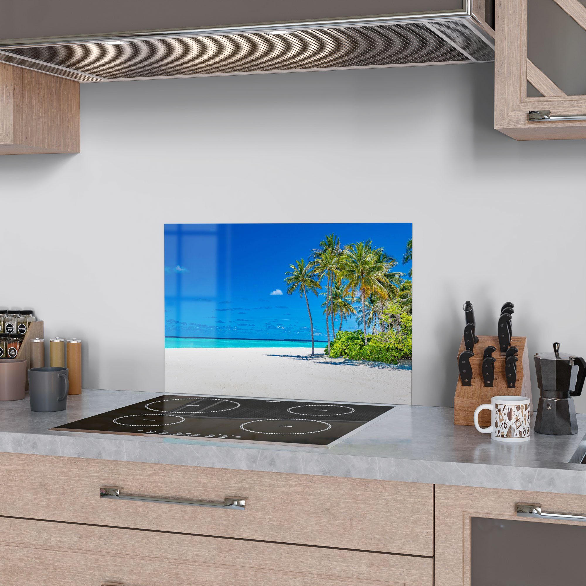 Küchenrückwand Herdblende Panorama', 'Palmenstrand Badrückwand DEQORI Glas Spritzschutz
