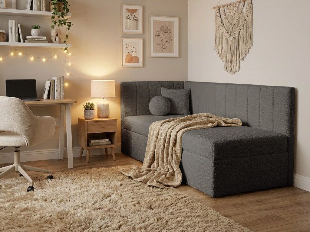 Beautysofa Einzelbett 90×200 mit Bettkasten RAFI (modernes Eckbett aus Bouclé-Stoff, für Kinder- und Jugendzimmer), mit Topper und Kissen