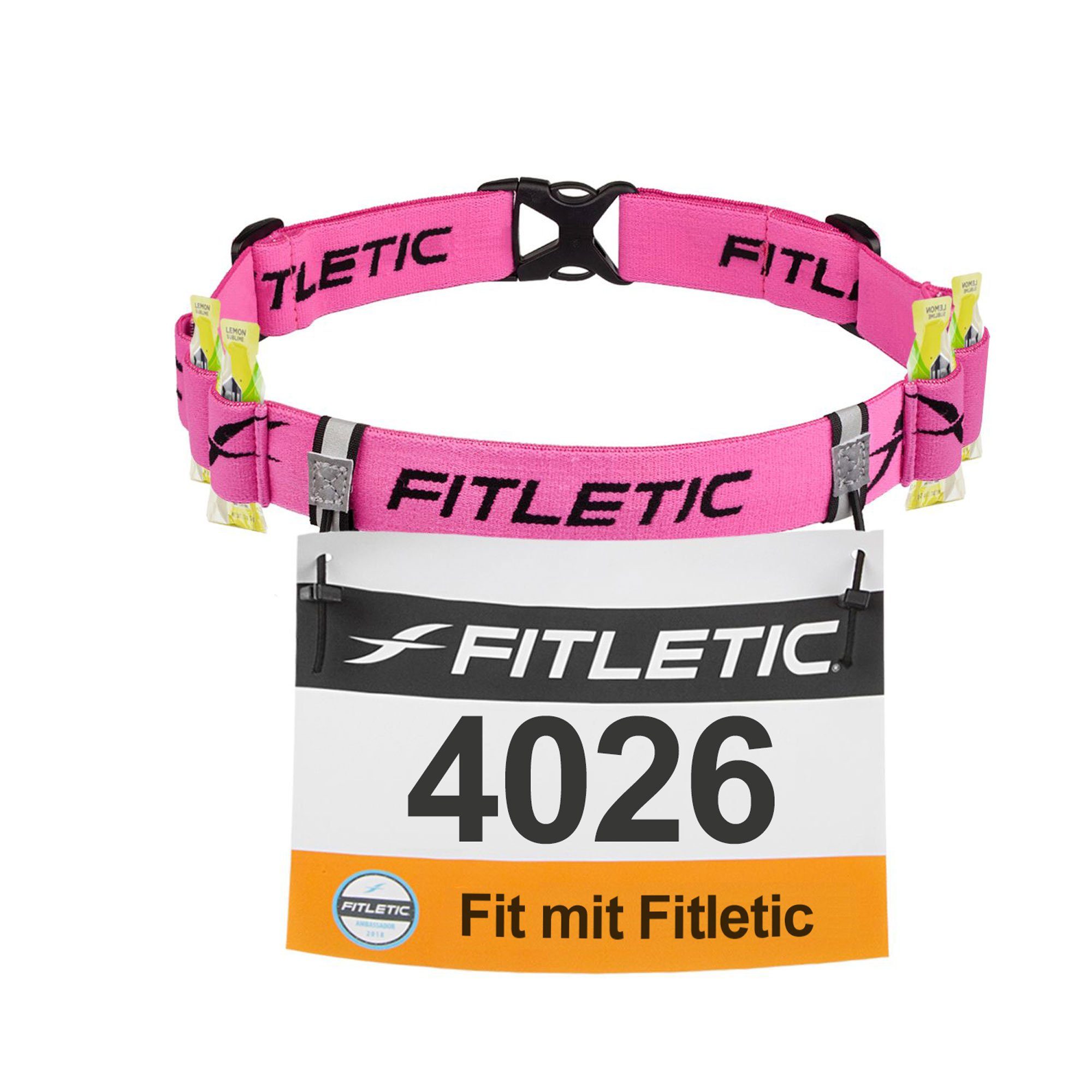 Fitletic Laufgürtel Laufgürtel "Race 2" Pink Gelschlaufen, mit Laufausrüstung für Premium Startnummer-Halterung