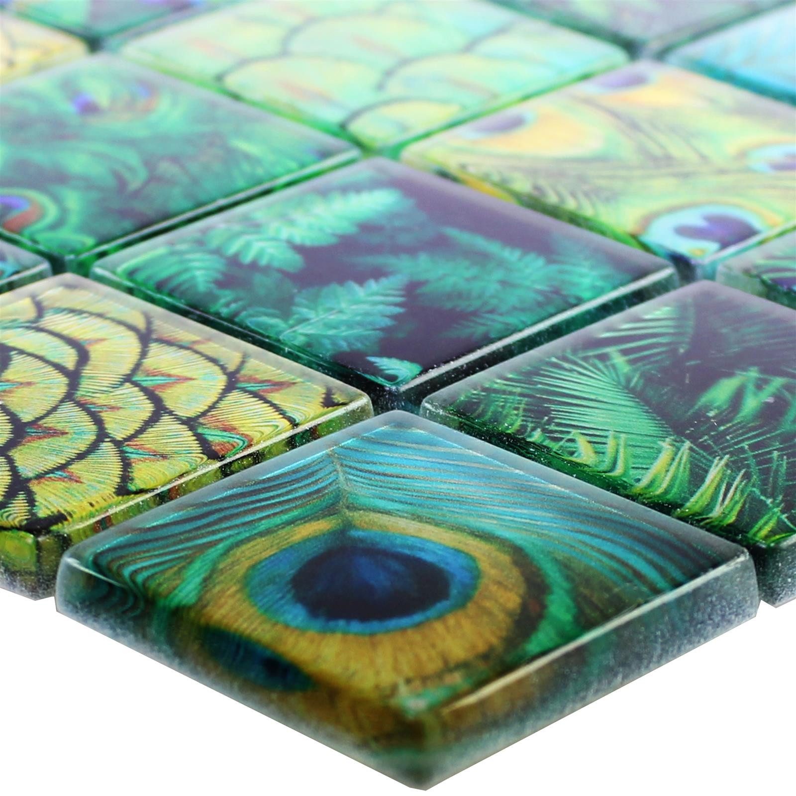 Mosafil Mosaikfliesen Glasmosaik Fliesen Peafowl, Glas 29.800x29.800, grün, Verlegefertig auf ein Netz geklebt - Wasserfest