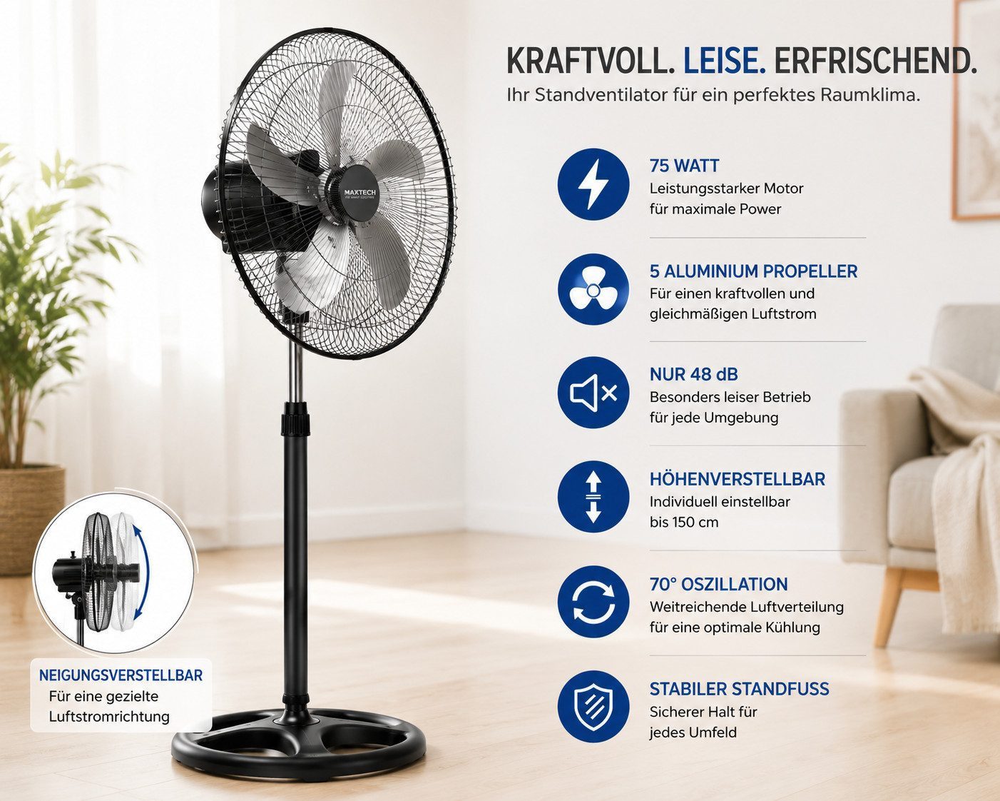 Ertex Standventilator Standventilator 75W Ø46cm Ventilator, höhe bis 130 cm STARK