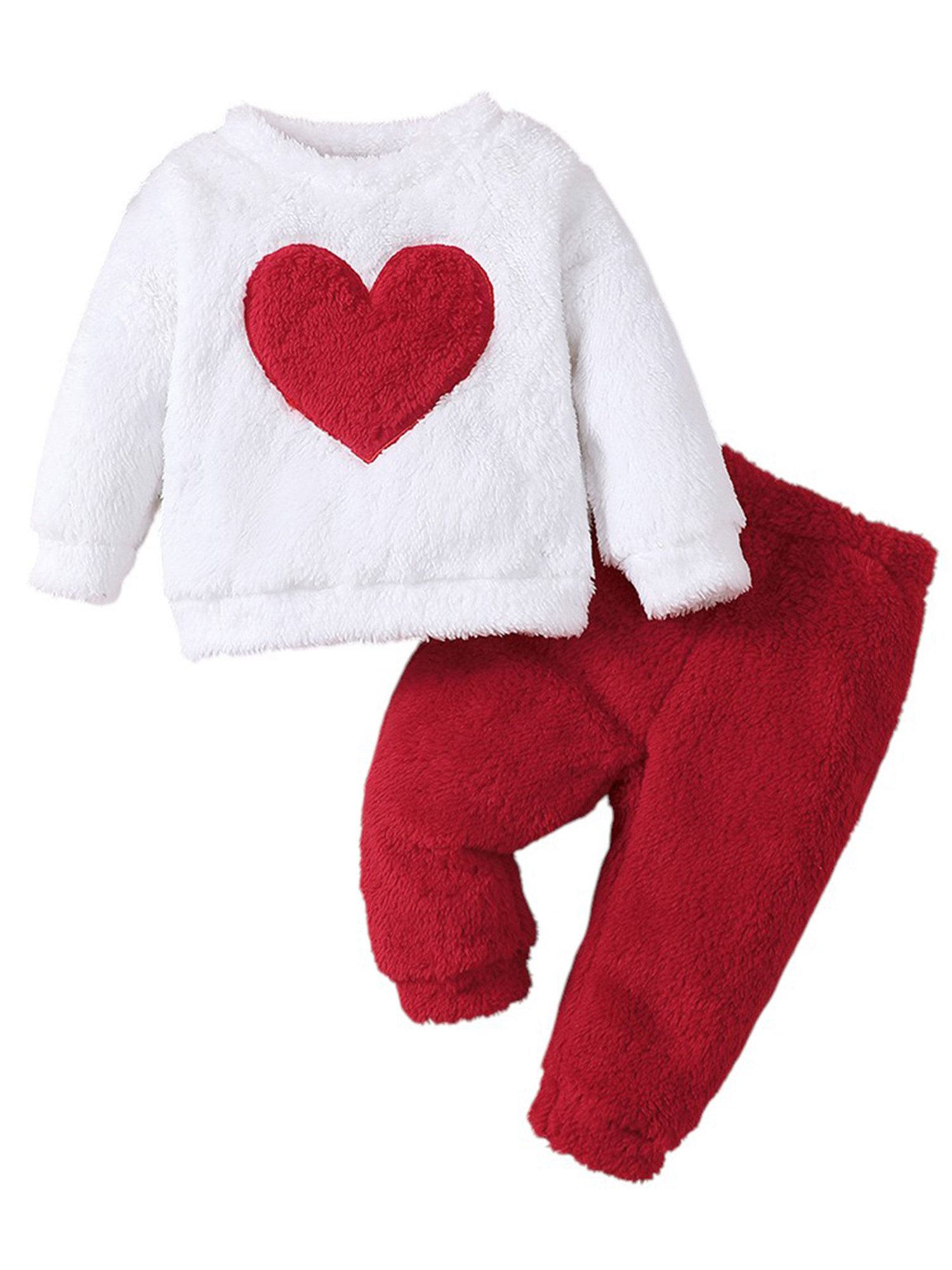 Lapastyle Top & Hose Warmes Flanell-Langarmset für Baby Mädchen, Rundhalspullover und Hose (Set, 2-tlg) Herzmuster und Stickdesign, Kontrast Herbst/Winteranzüge für Freizeit