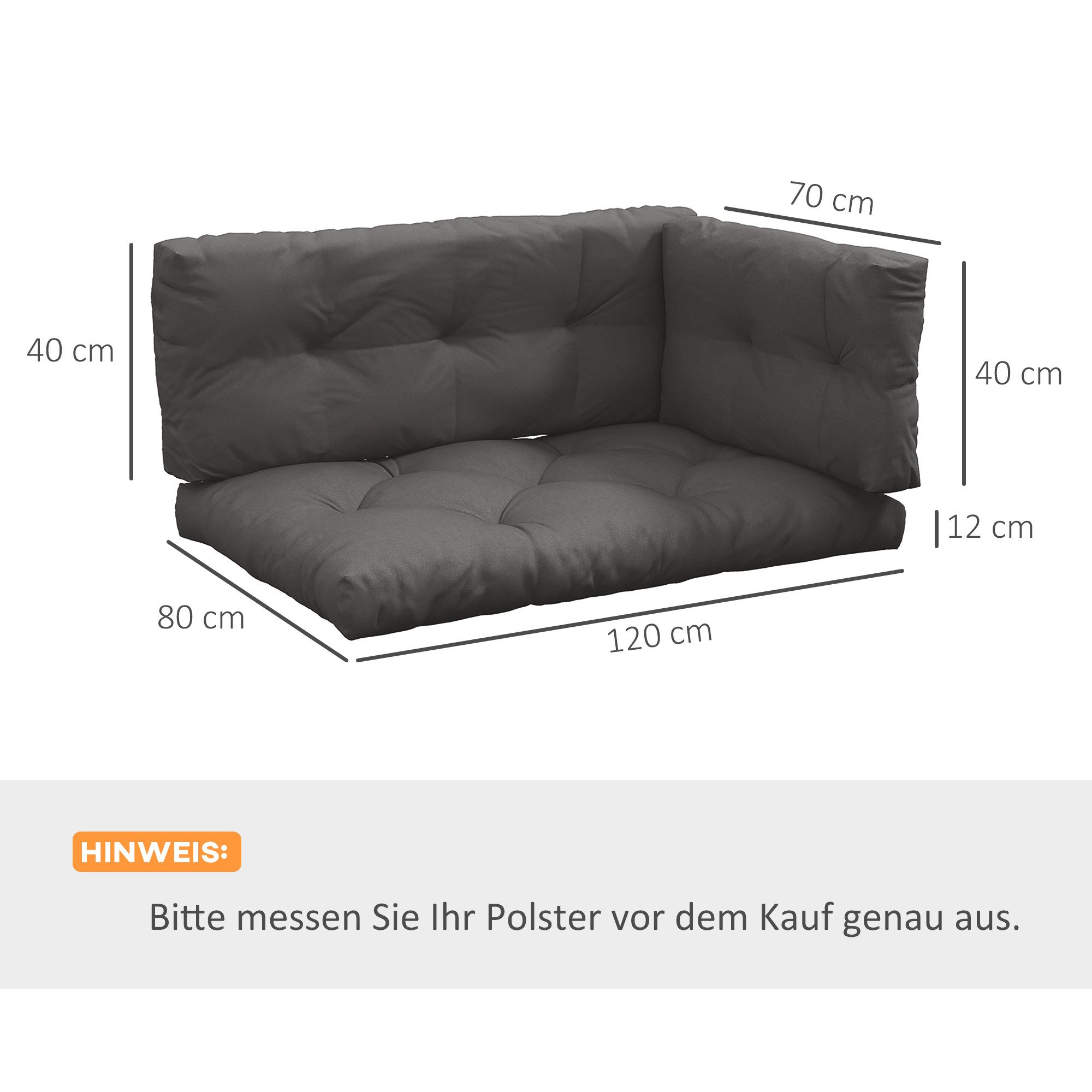 Outsunny Sitzkissen Palettenkissen 3 teilige Bankauflage mit UV-Schutz, für Garten, Balkon Dunkelgrau