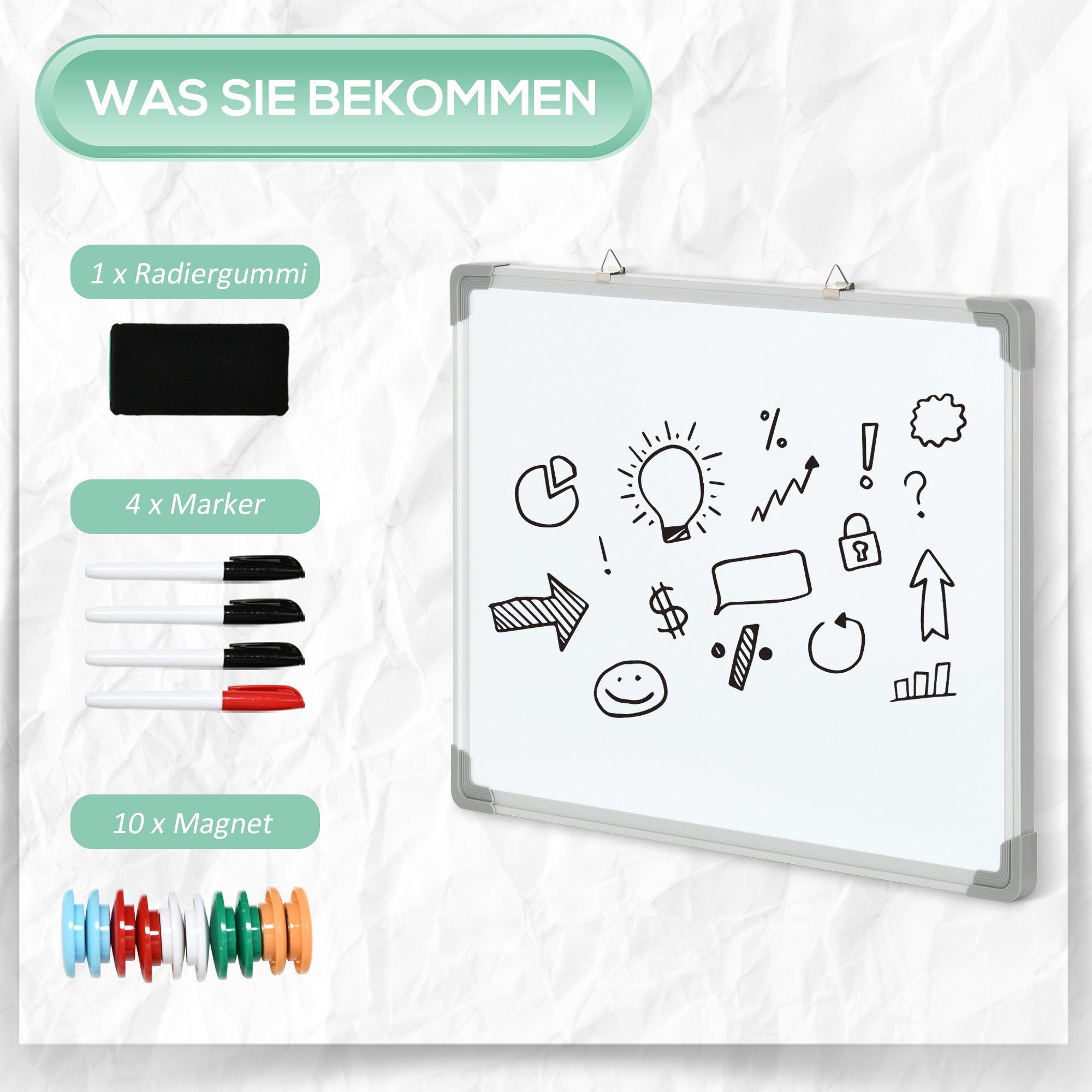 HOMCOM Magnettafel Whiteboard Magnetisch mit 4 Markern 1 Radiergummi, (weiße Wandtafel, 1-tlg., Magnettafel), Weiß 60 x 1,8 x 45 cm – Bild 5 von 5