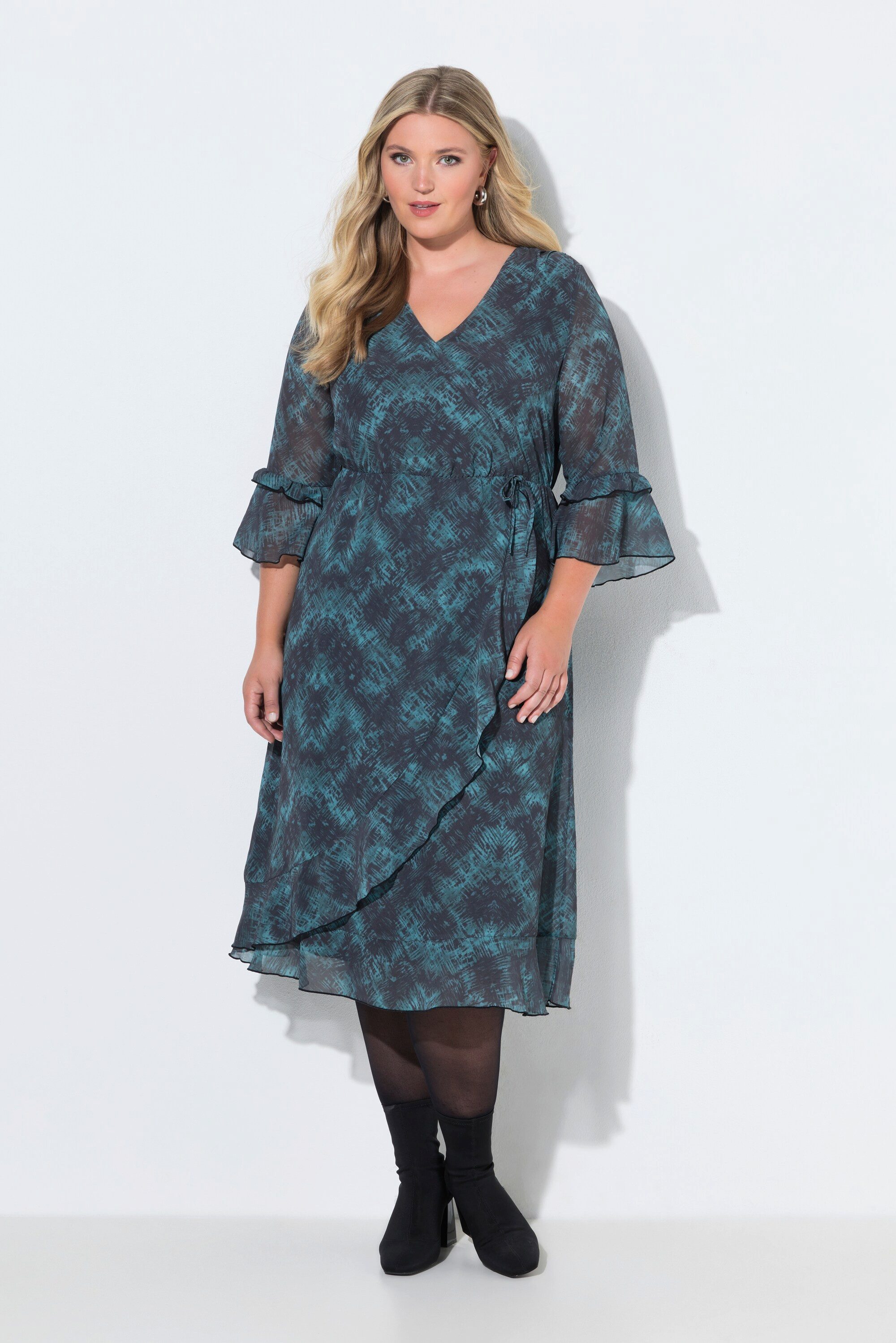 MIAMODA Jerseykleid Chiffonkleid A-Linie Wickeloptik Midilänge Volants