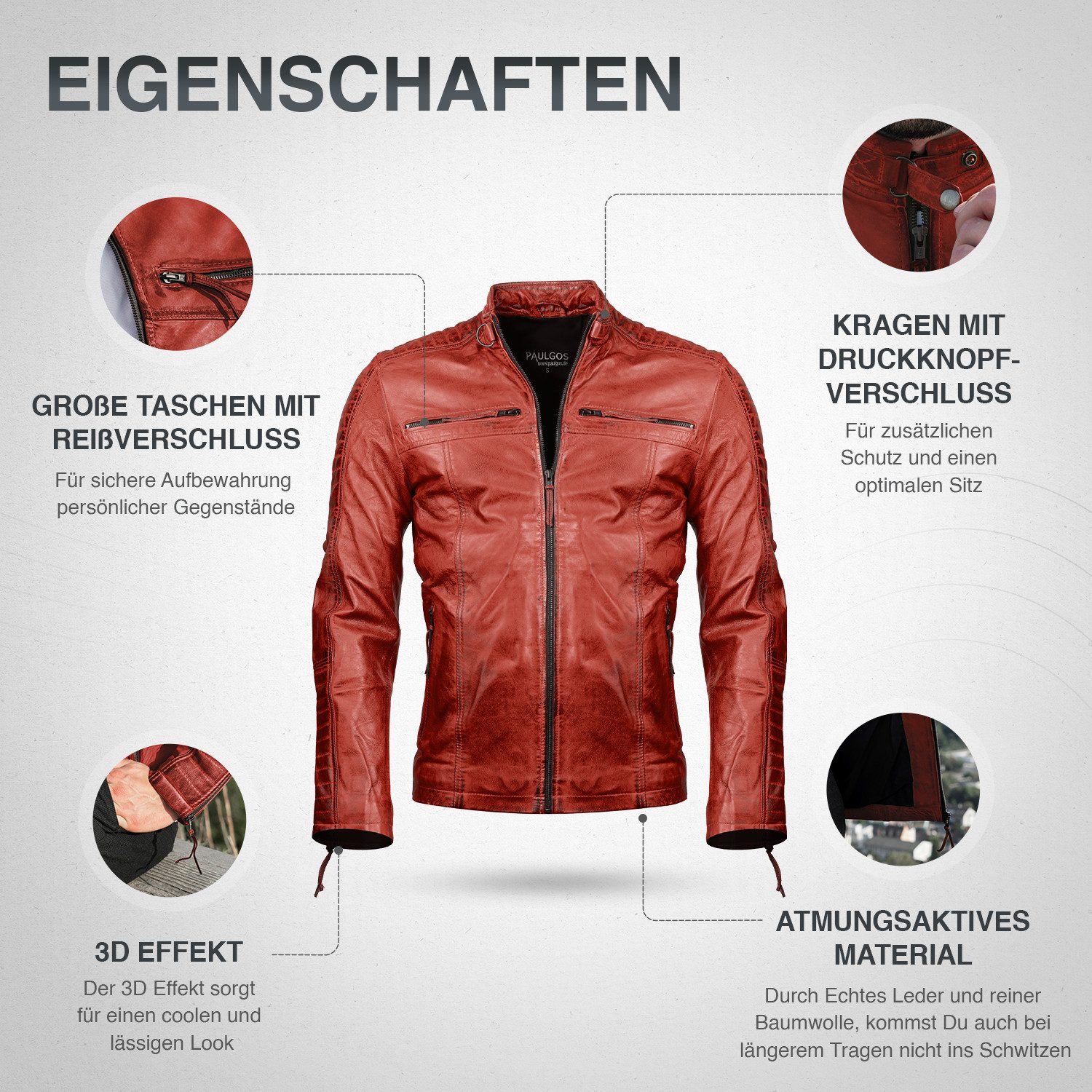 PAULGOS Lederjacke Herren Jacke Übergangsjacke Biker Look 100% Echtleder D1 – Bild 3 von 5