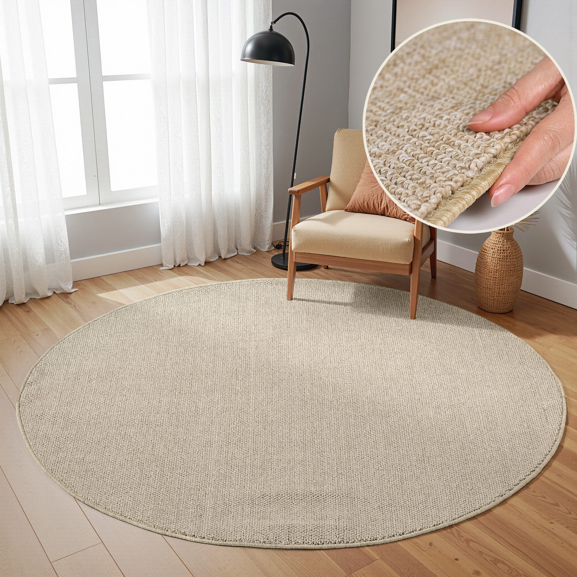 SIMPEX24 Teppich Unicolor, Rund, Höhe: 7 mm, Schlingenteppich Schlafzimmer Einfarbig Meliert Design