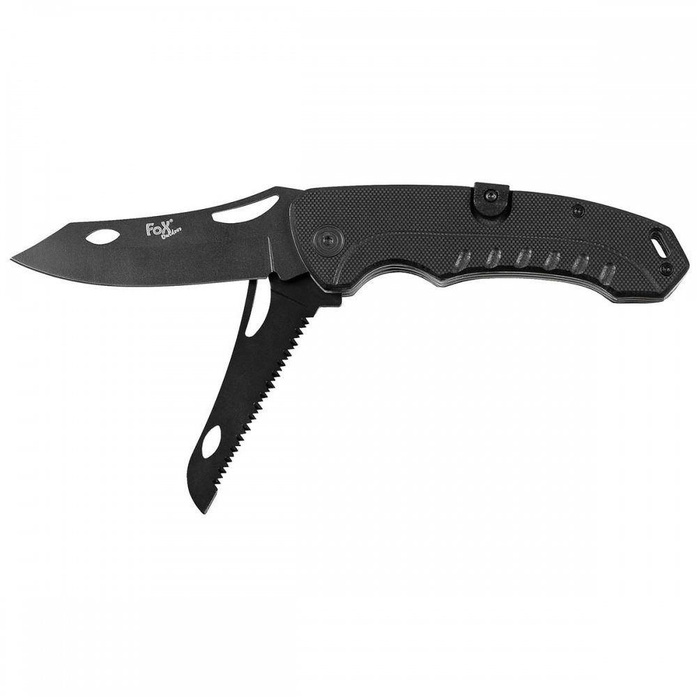 FoxOutdoor Taschenmesser Klappmesser, 2 in 1, schwarz, G10-Griff, (Set), ergonomisch geformter Griff mit G10-Griffschalen
