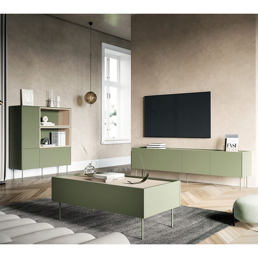 Lomadox Wohnzimmer-Set DELFT-141, (Mega-Spar-Set, 3-St., Couchtisch Highboard Lowboard), in olivgrün mit Eiche, modern, grifflos