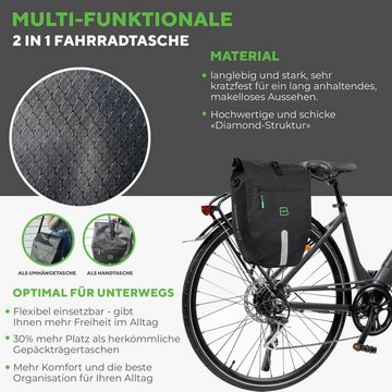 Bronea Fahrradtasche 2 in 1 Gepäckträgertasche für Fahrrad - XXL 28 Ltr - ROT- abnehmbar (Fahrradtasche für Gepäckträger hinten, Wasserdicht & Reflektierend - Laptoptasche), Innovatives verstellbares Click System für alle Gepäckträger