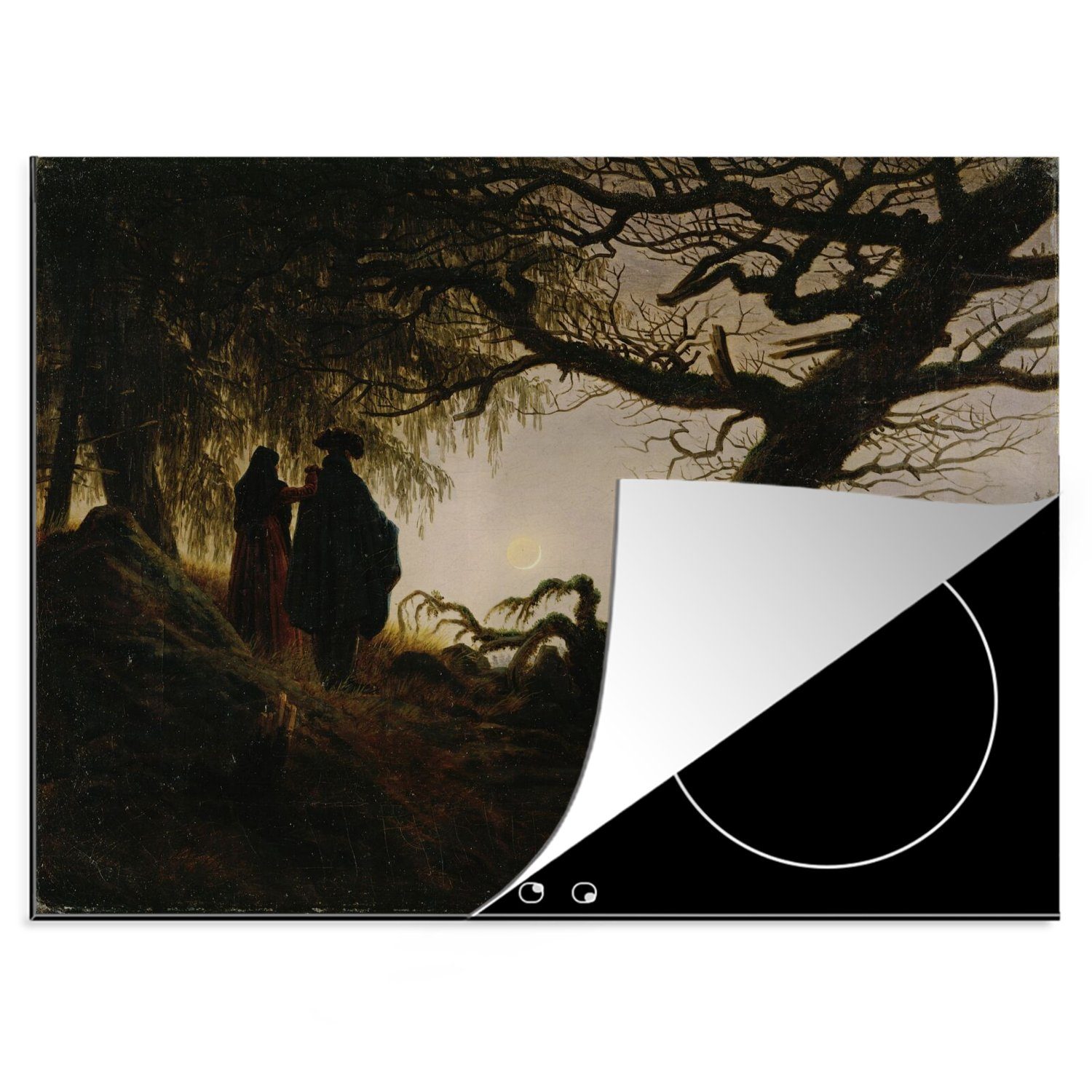 MuchoWow Herdblende-/Abdeckplatte Mann und Frau schauen den Mond an - Gemälde von Caspar David Friedrich, Vinyl, (1 tlg), 70x52 cm, Mobile Arbeitsfläche nutzbar, Ceranfeldabdeckung