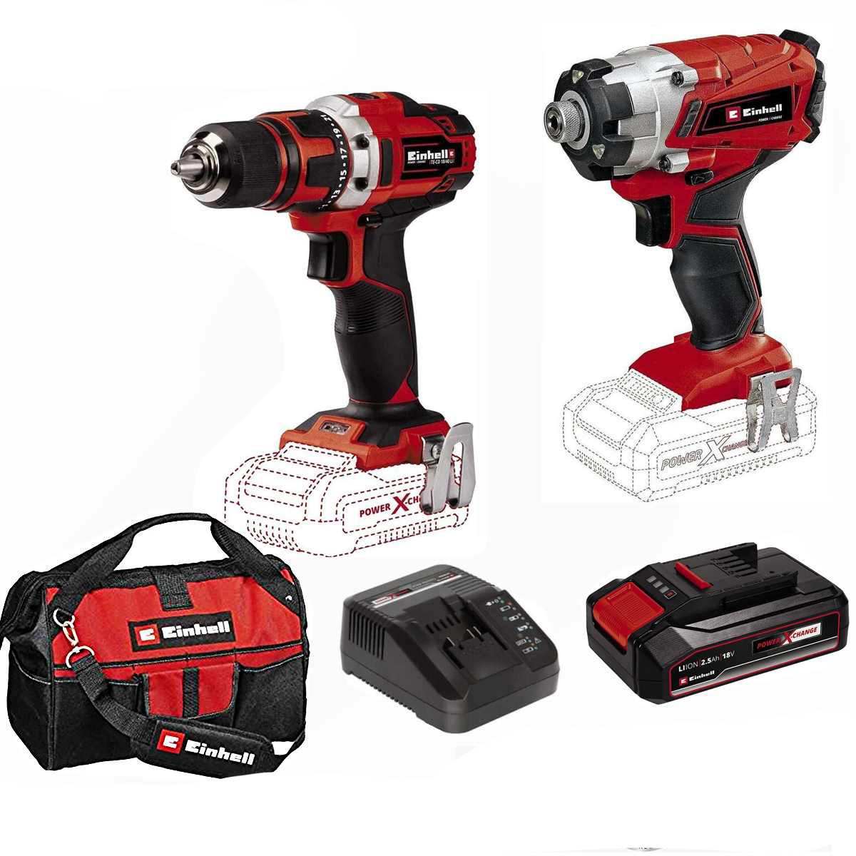 Einhell Akku-Bohrschrauber Bohrschrauber, Schlagschrauber, Akku 2.5 Ah Ladegerät, Tasche