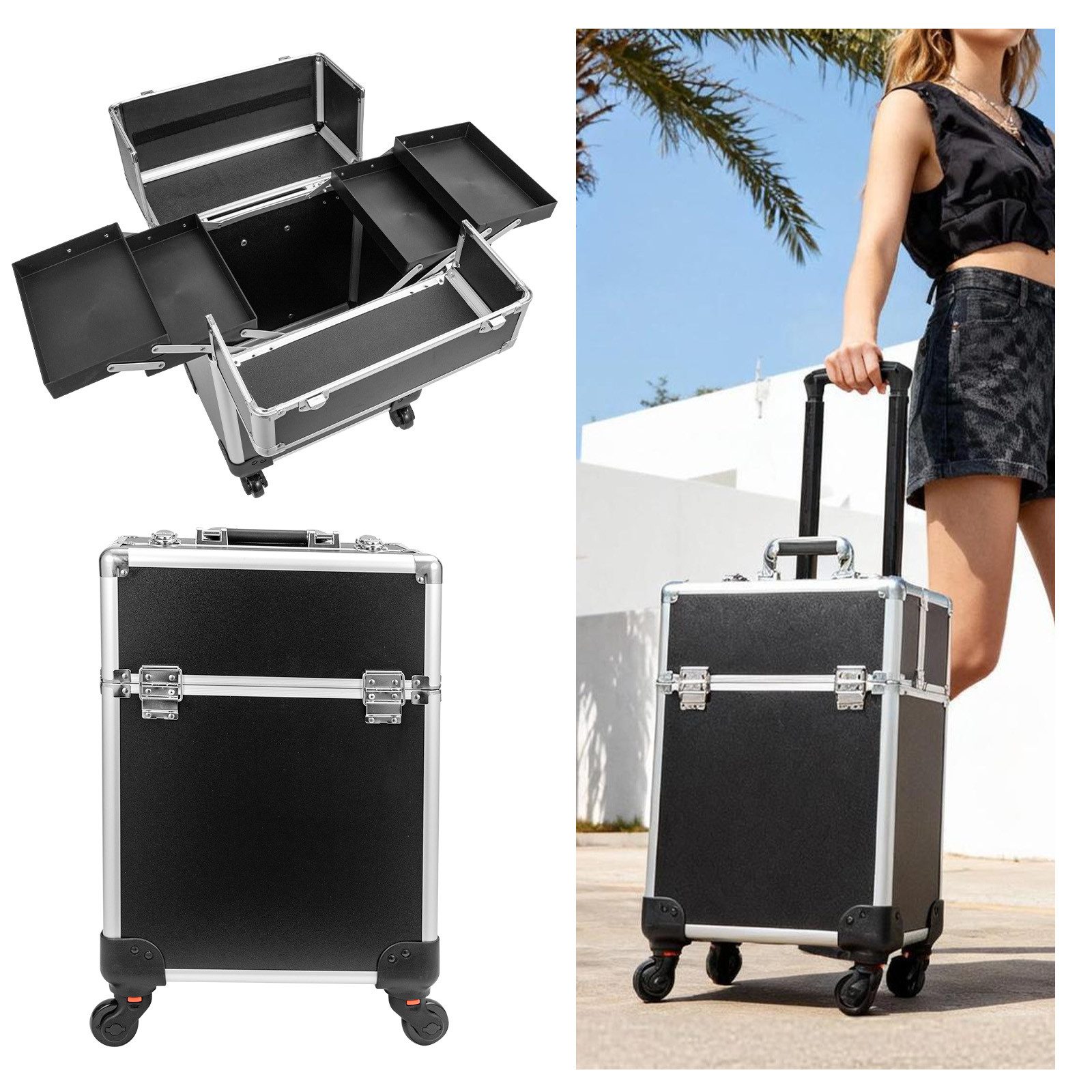 Youyijia Kosmetikkoffer Kosmetikkoffer im Trolley-Stil aus Aluminiumlegierung Koffer für Haar – Bild 3 von 5
