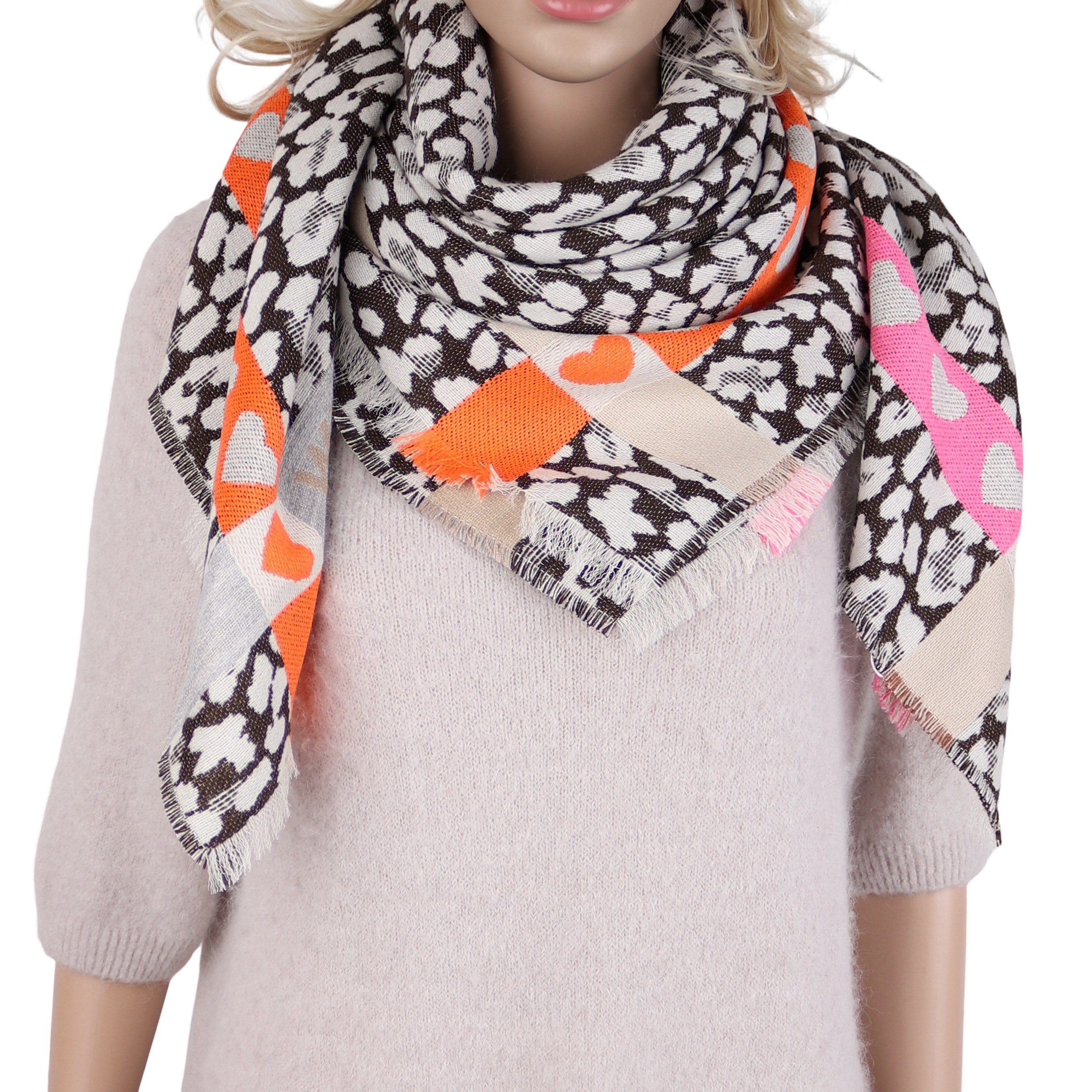 MIRROSI Halstuch Damen Schal Eckig 105x105 cm – Leo-Muster, Herzbordüre, (Neue Kollektion Herbst/Winter 2026), Winter Schal mit WILD LOVE Schriftzug