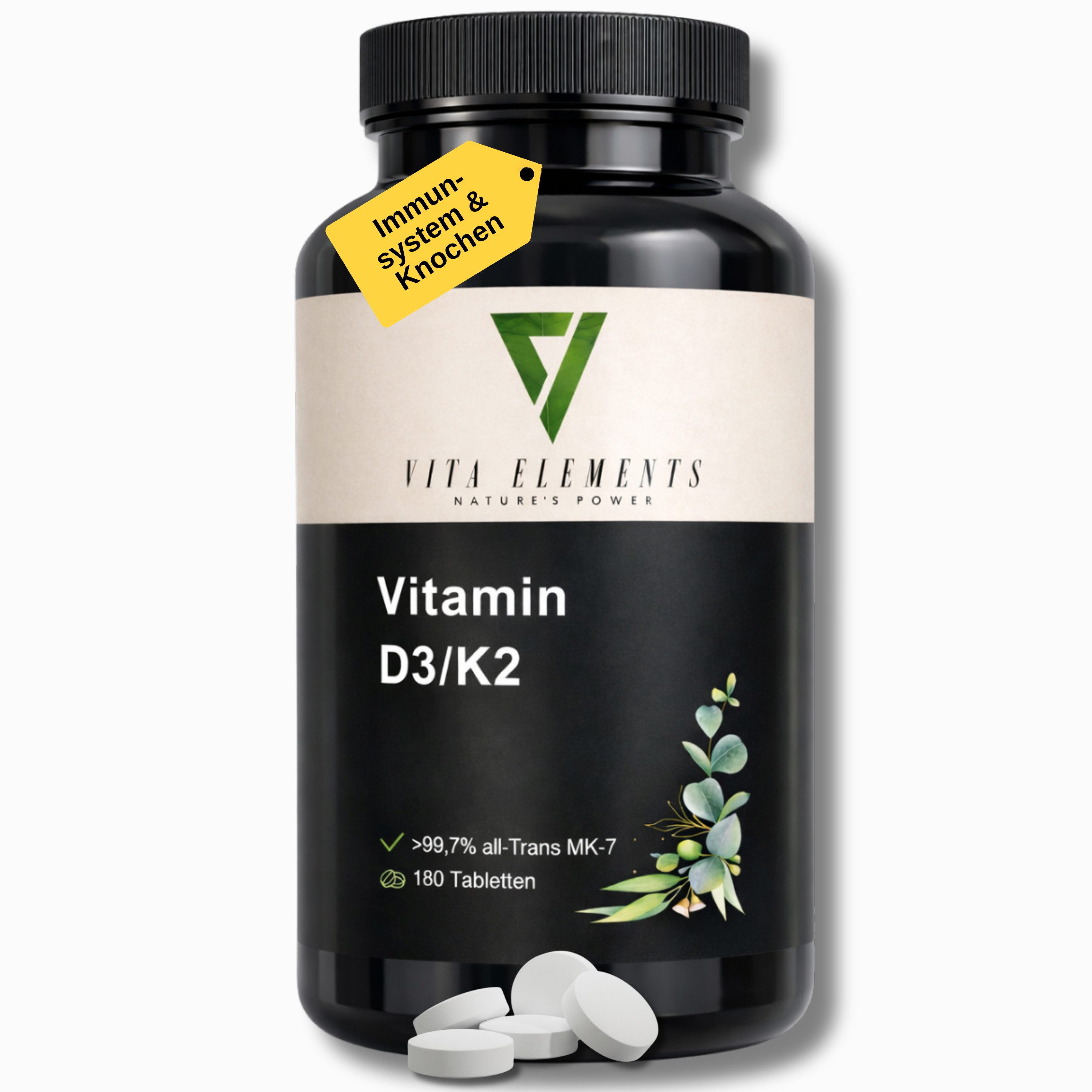 Vita Elements Vitamin D3/K2 Tabletten, 180 St., Hochdosiert Frei von Gentechnik Ohne unnötige Zusätze Laborgeprüft