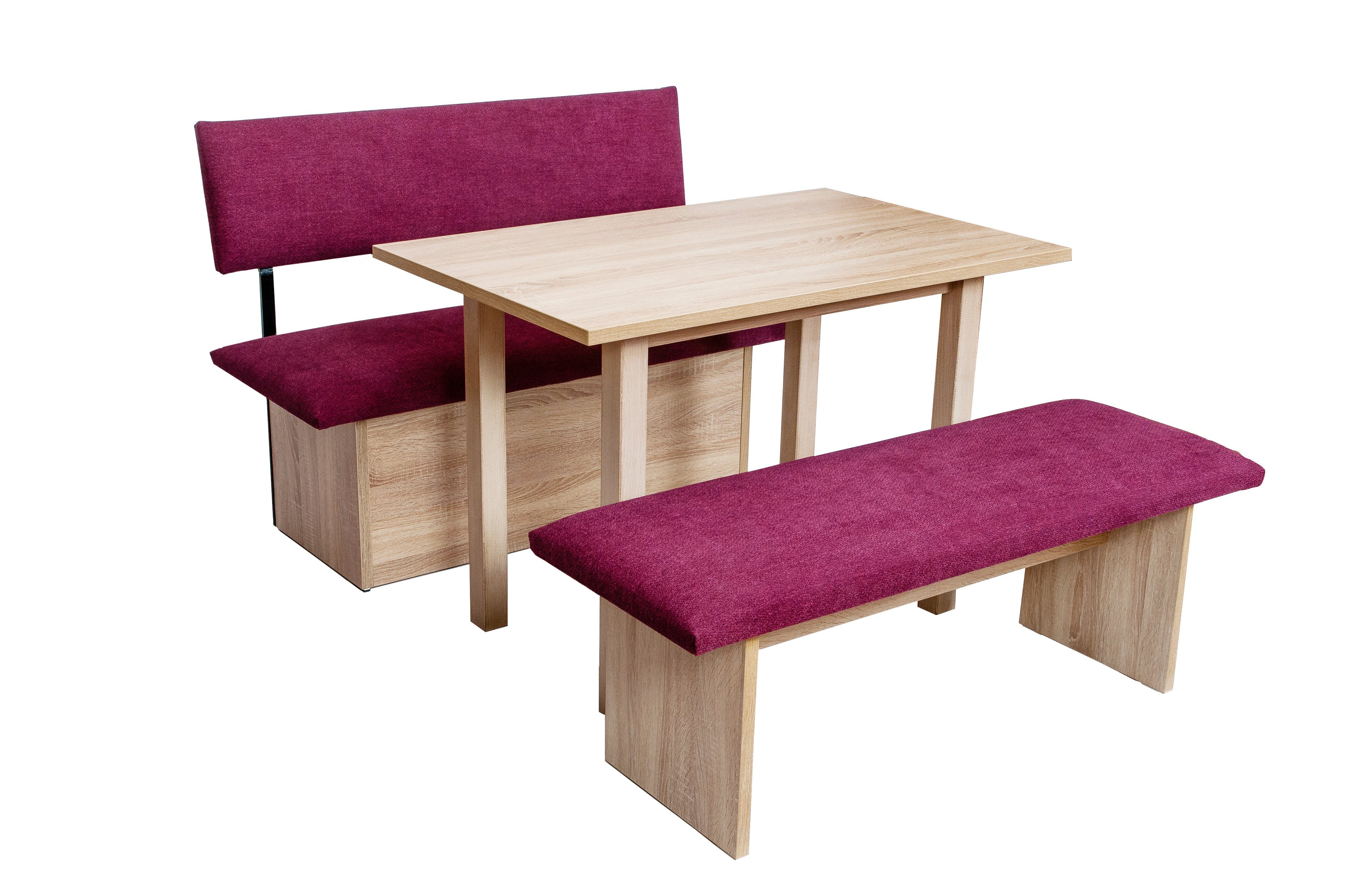 kundler home Essgruppe Sitzbank mit Truhe, Bank gepolstert, L125cm, 4-Fuß-Tisch Set 3-tlg., bestehend aus 1 Esszimmerbank mit Stauraum, 1 Sitzbank, 1 Esstisch
