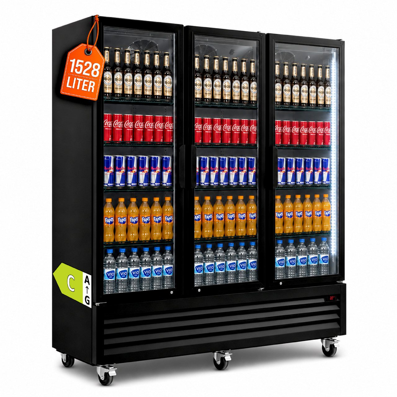 GastroHero Getränkekühlschrank Flaschenkühlschrank 1528 Liter Klapptüren LED schwarz Gastro GKSE1500KT, 213.5 cm hoch, 171 cm breit, Digitale Anzeige, 6 Rollen (3 gebremst), 1,88 m² Präsentationsfläche