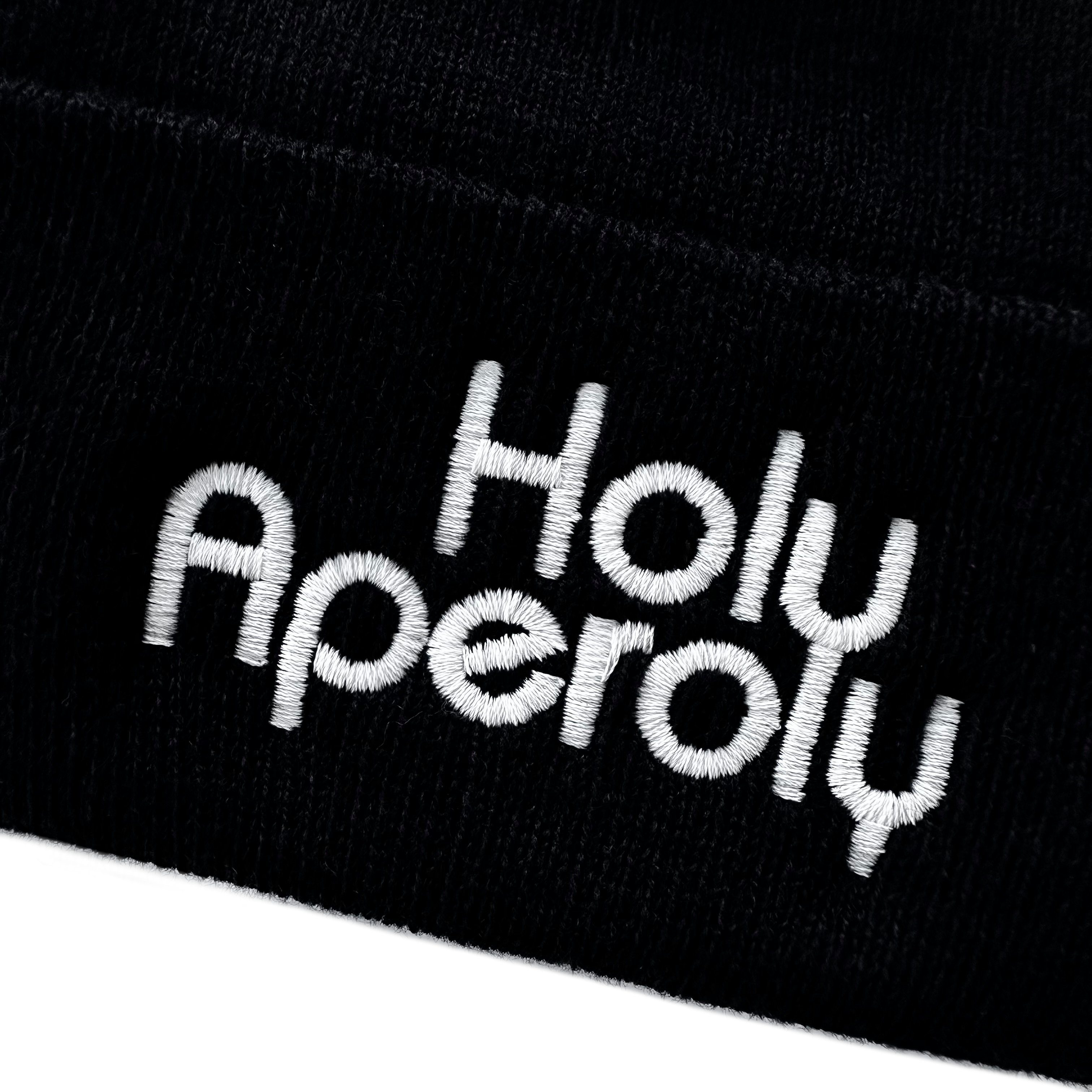 Schnoschi Strickmütze Wintermütze Holy Aperoly (unisex) bestickt Statement Spruch Streetwear mit breitem Umschlag