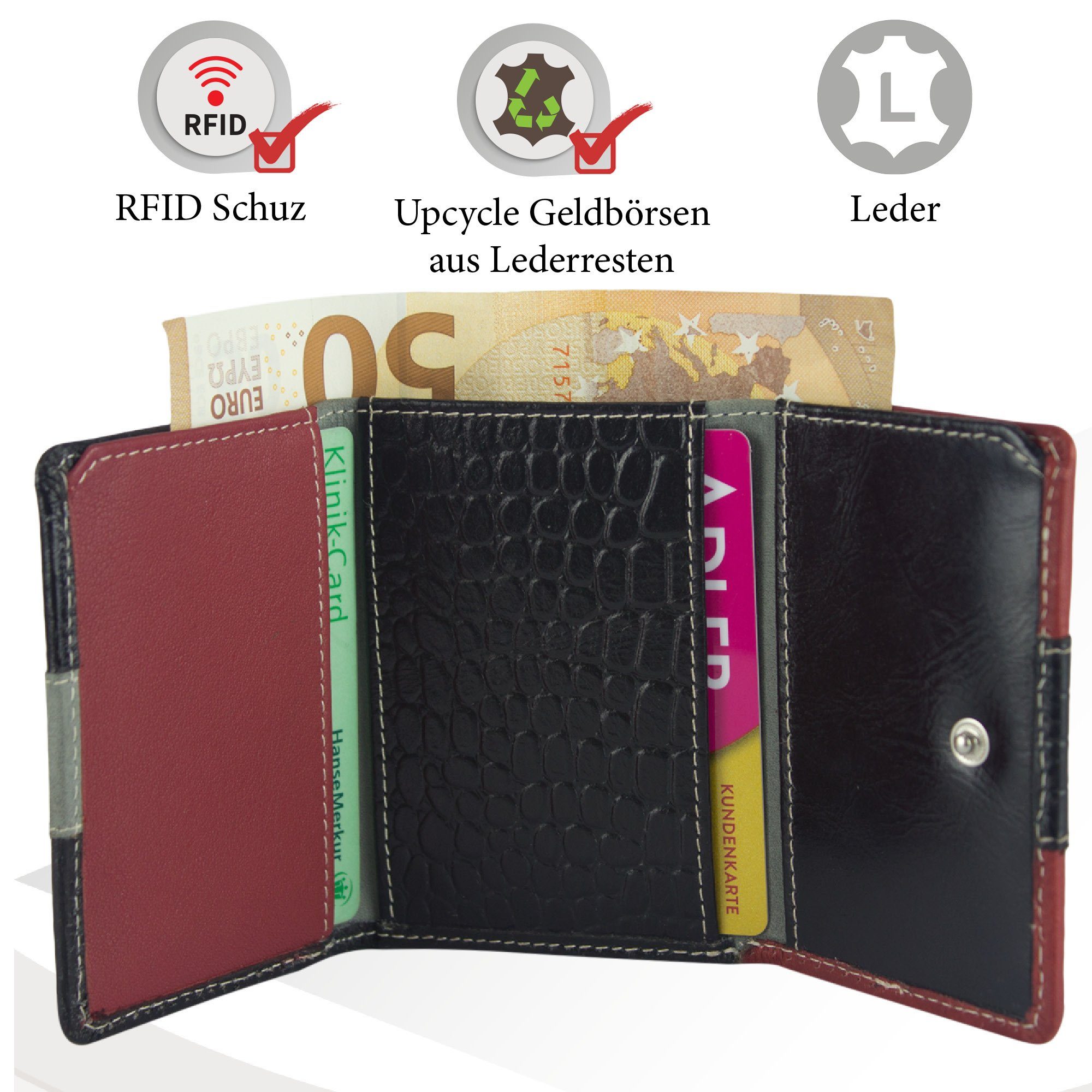 Geldbörse Lederresten, Leder rot/schwarz Brieftasche, Unisex Leder, echt Geldbeutel Portemonnaie recycelten RFID-Schutz, Mini Sunsa echt Damen mit aus Geldbörse kleine