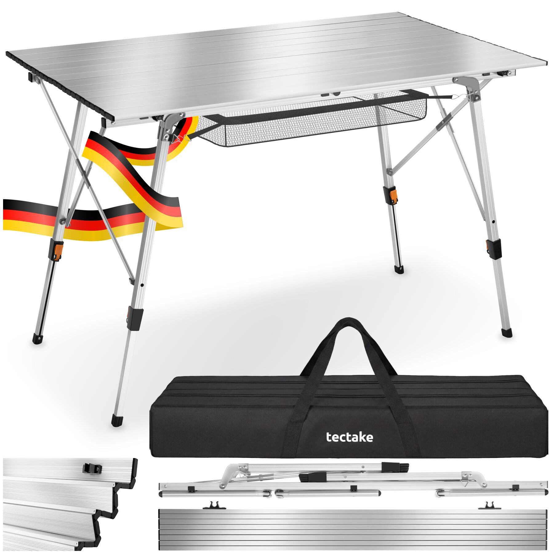 tectake Campingtisch Aluminium Klapptisch - faltbar, wetterfest, 90 x 52 x 47 - 70 cm (Outdoor Beistelltisch Tina, 1-St., in silber), höhenverstellbar, mit Aufbewahrungsnetz und Tragetasche
