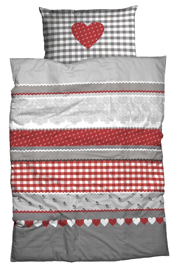 CASATEX Bettwäsche Biber Bettwäsche HERZ KARO silber-rot, 100% Baumwolle, Fein-Biber, 2 teilig, Herz & Karo Hüttenromantik kuschelig weich & warm