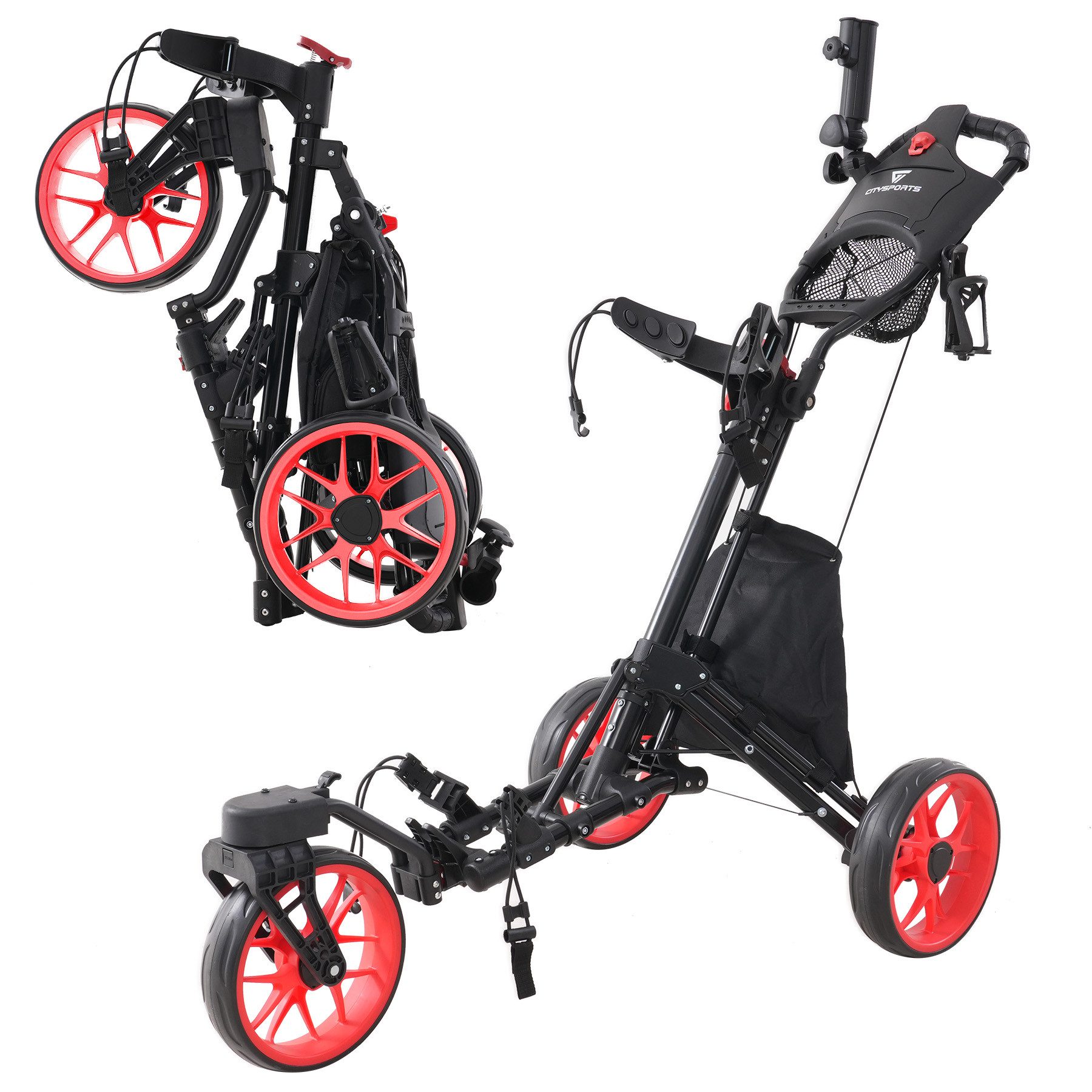 CITYSPORTS Golftrolley 3/4 Rad Golftrolley, Golfwagen klappbar, Golfcaddy mit Schirmhalter, Golfcaddy Golf Push Cart aus Aluminum, Erhältlich in Schwarz/Grün/Rot