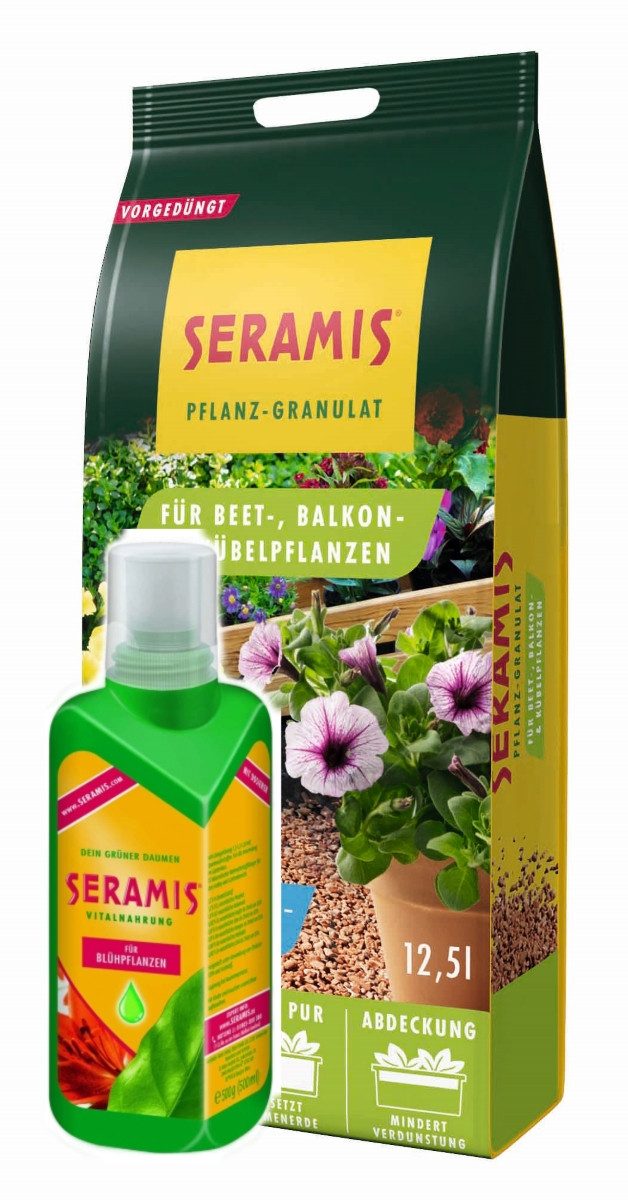 Seramis Pflanzgranulat Pflanzgranulat für Beet-& Balkonpflanzen + Vitalnahrung Flasche+Sack, mit Pflanzgranulat & Vitalnahrung Blühpflanzen, (2-St), 12,5 l