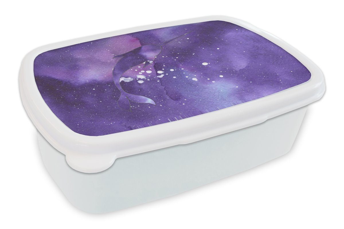 MuchoWow Lunchbox Narwal - Weltraum - Farben, Kunststoff, (2-tlg), Brotbox für Kinder und Erwachsene, Brotdose, für Jungs und Mädchen weiß