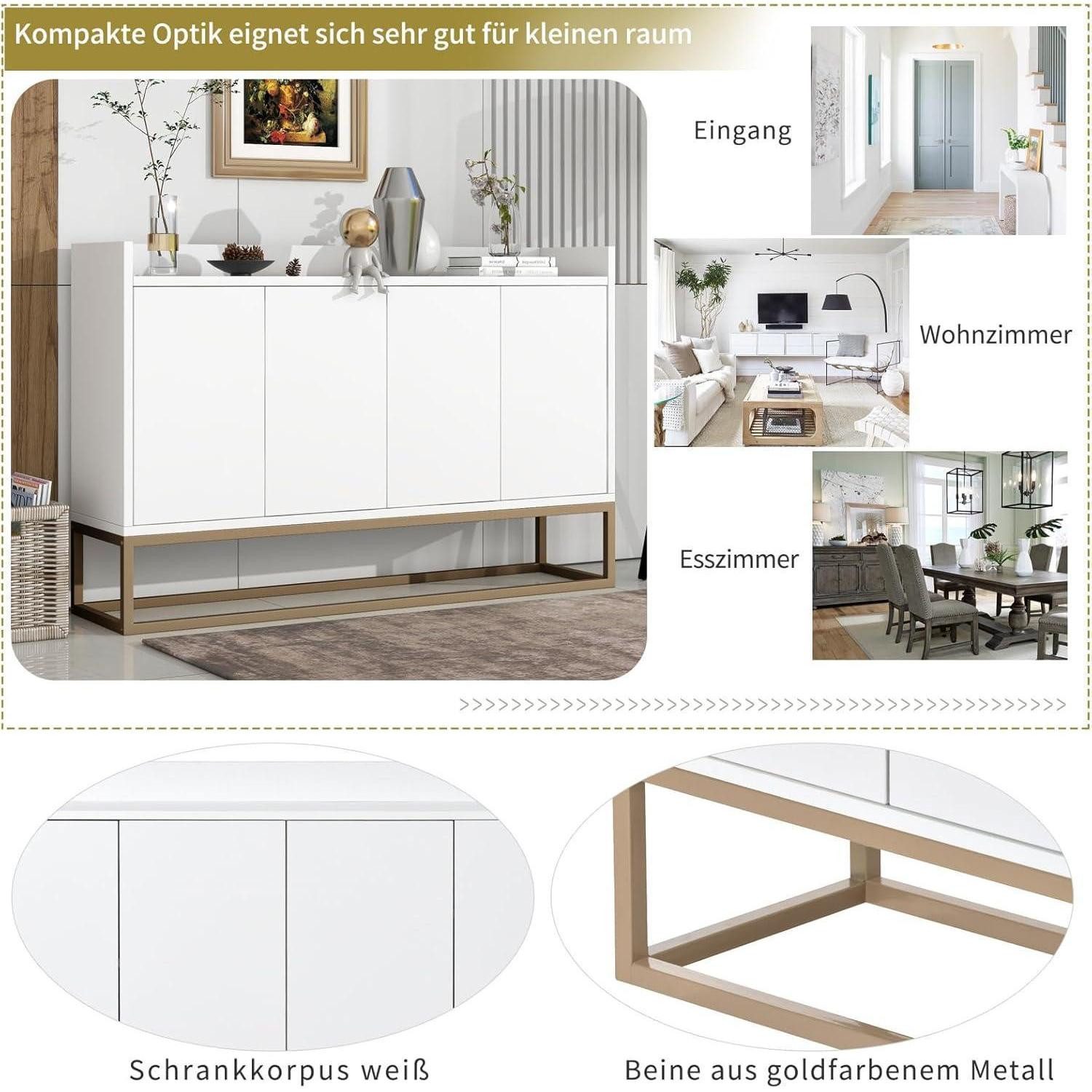 LuxusKollektion Buffet Anrichte Küchenschrank 4 Türen Regal Metallbeine Wohnzimmer Weiß
